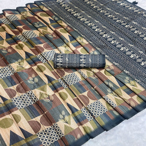 Beige Tussar Silk Blend Saree Featuring Modern Geometric Prints for a Festive Look