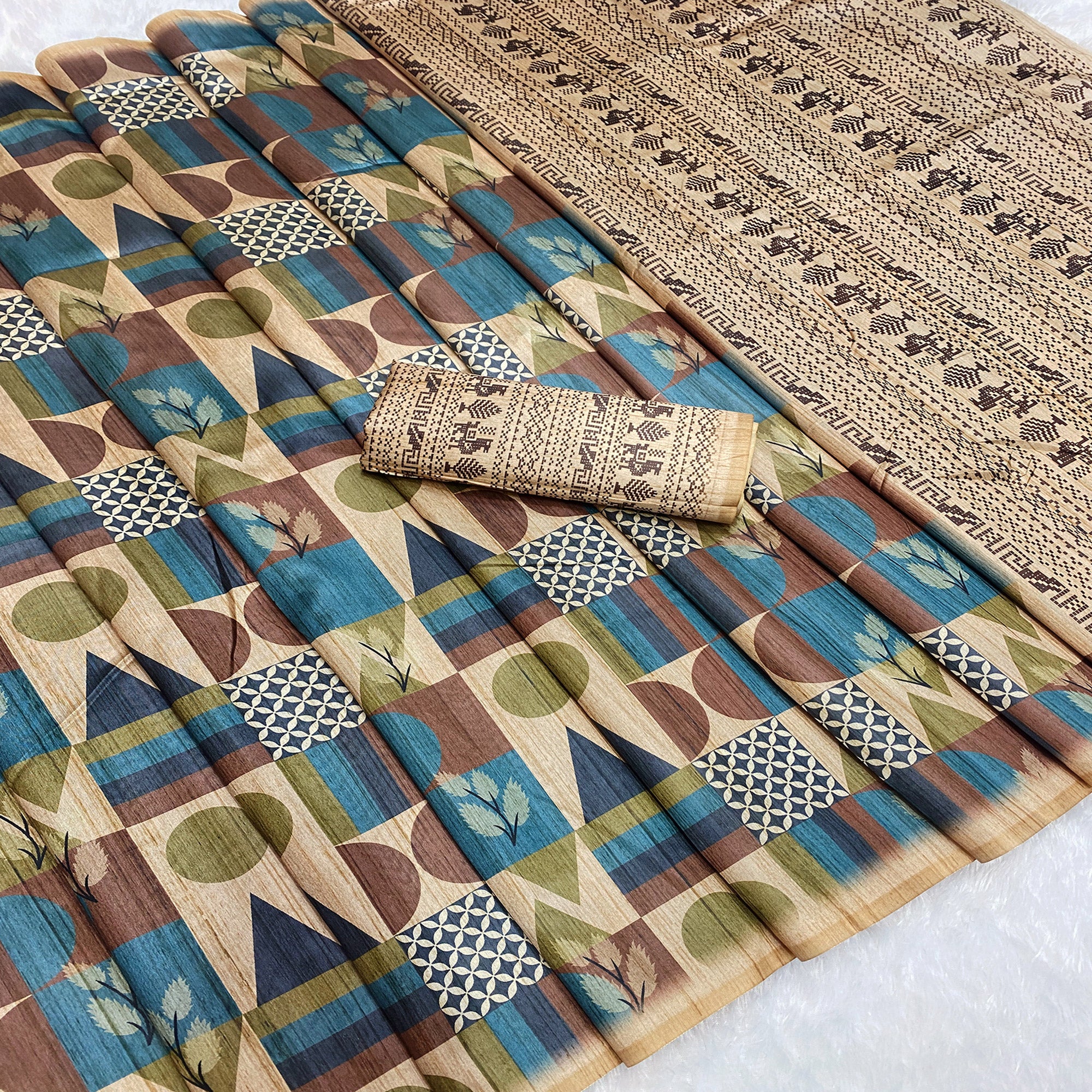 Elegant Beige Tussar Silk Blend Saree Adorned with Contemporary Geometric Patterns