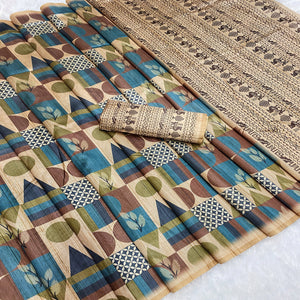 Elegant Beige Tussar Silk Blend Saree Adorned with Contemporary Geometric Patterns