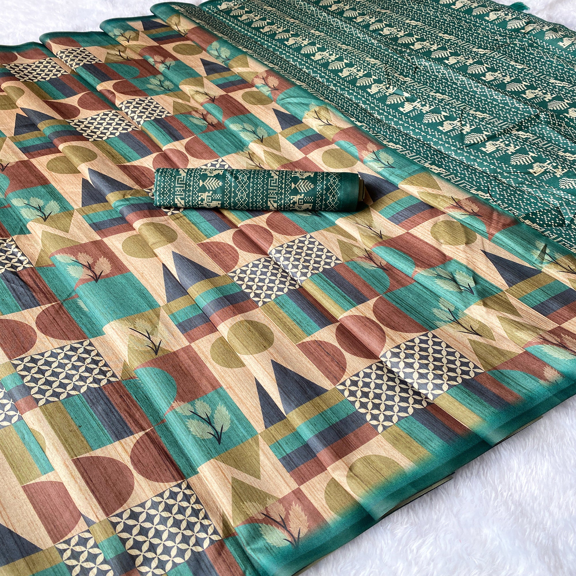 Beige Festive Tussar Silk Blend Saree Showcasing Stylish Geometric Print Detailing