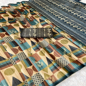 Beige Geometric Design Tussar Silk Blend Saree with Soft Drape and Festive Appeal