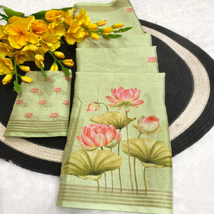 Green Cotton Blend Tusser Saree Adorned With Radha Krishna & Floral Print With Zari Border