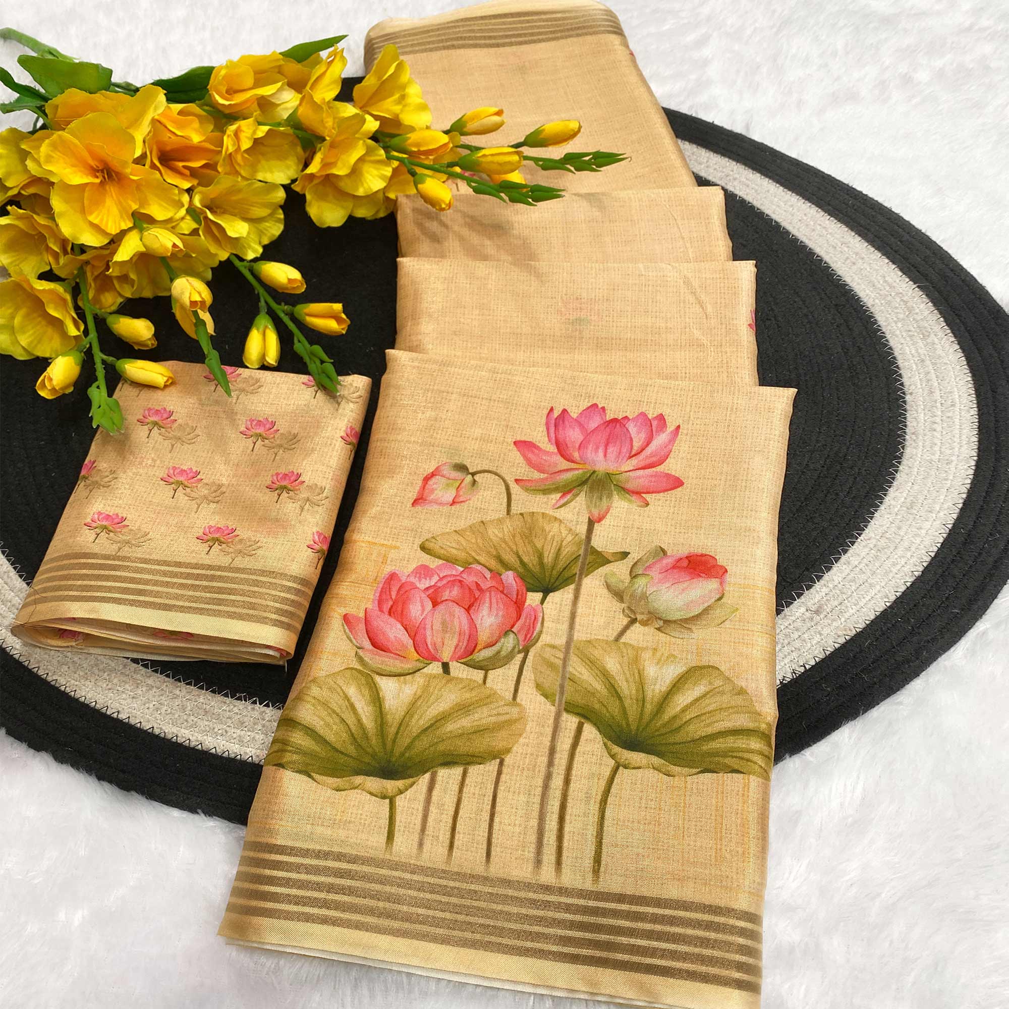 Mellow Yellow Cotton Blend Tusser Saree Adorned With Radha Krishna & Floral Print With Zari Border