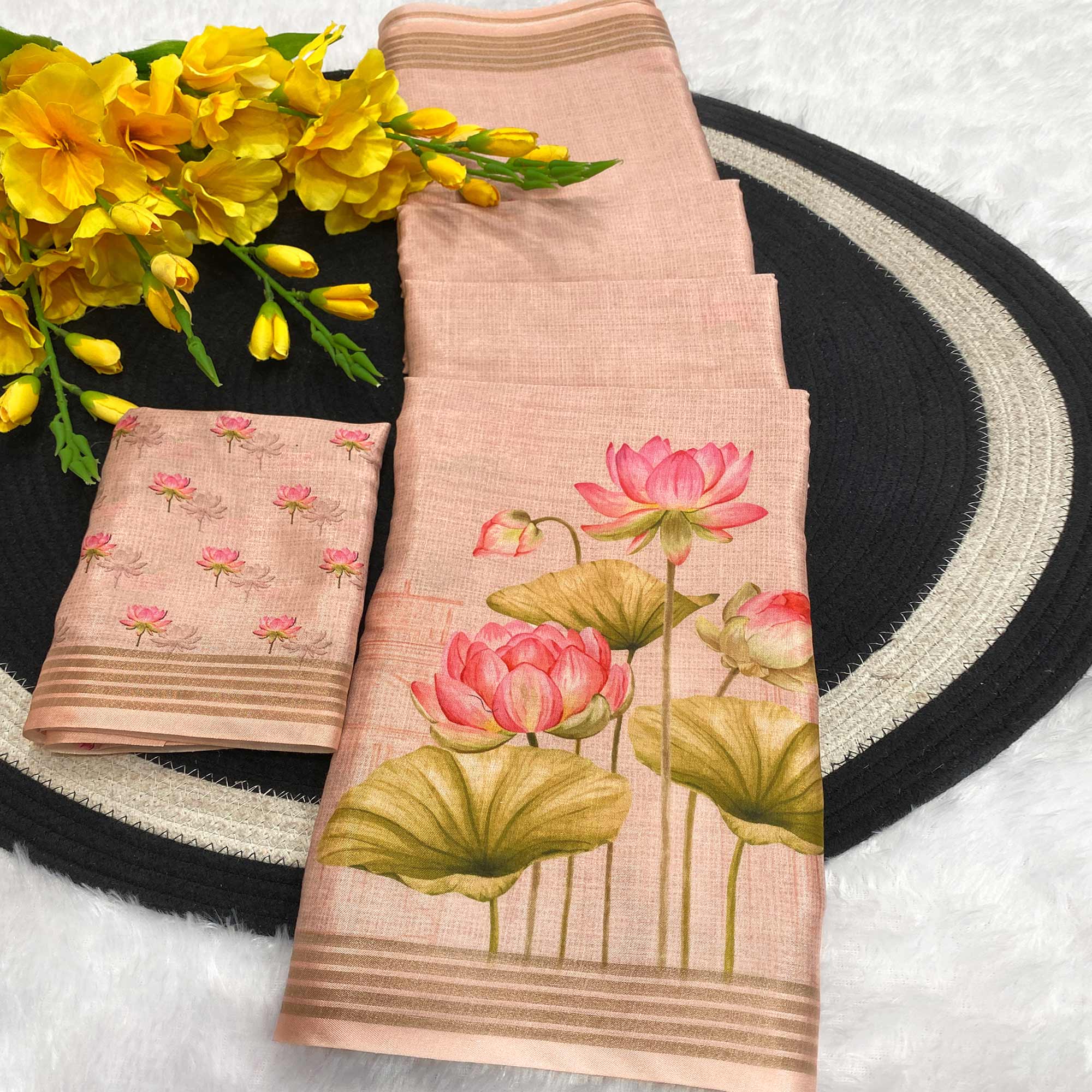 Peach Cotton Blend Tusser Saree Adorned With Radha Krishna & Floral Print With Zari Border