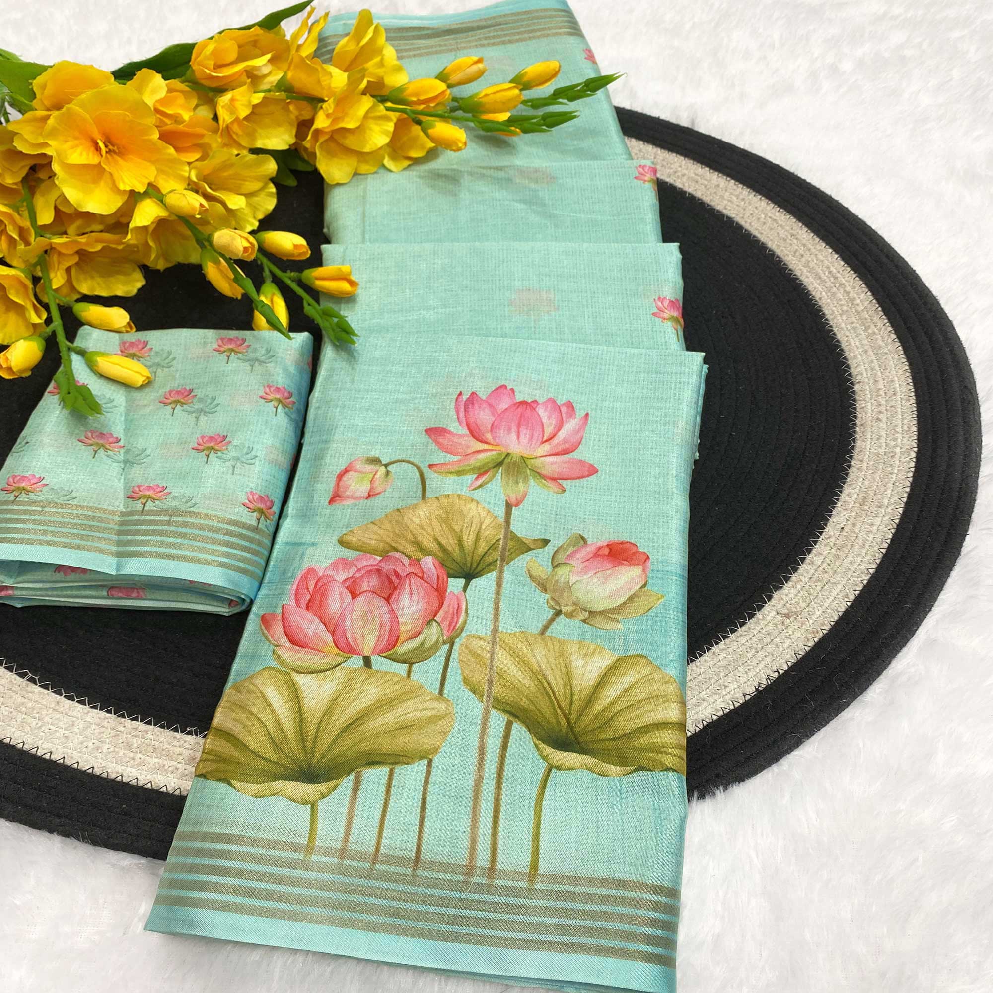 Turquoise Cotton Blend Tusser Saree Adorned With Radha Krishna & Floral Print With Zari Border