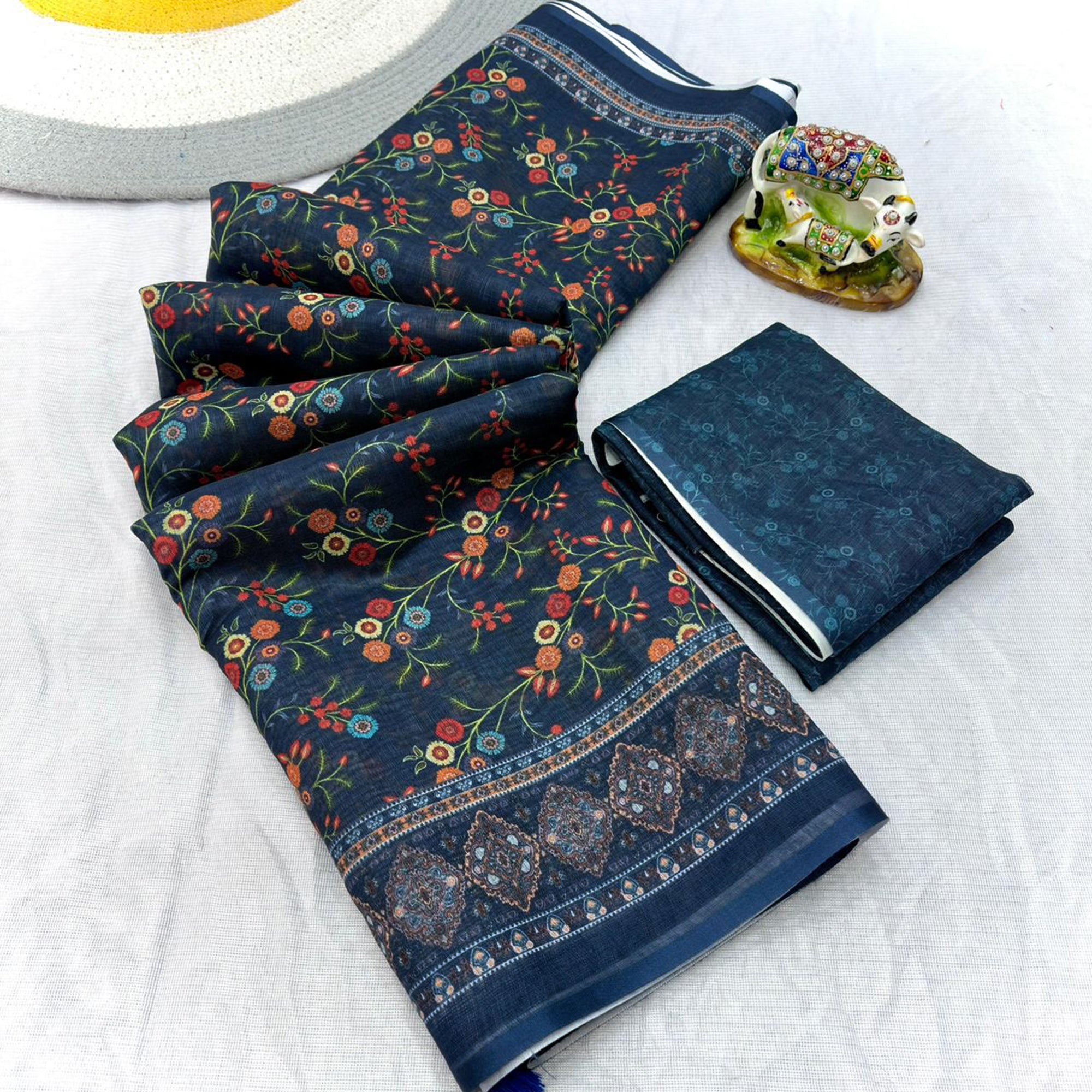 Luxurious Dark Blue Floral Printed Linen Cotton Saree with Decorative Fancy Latkan Pallu