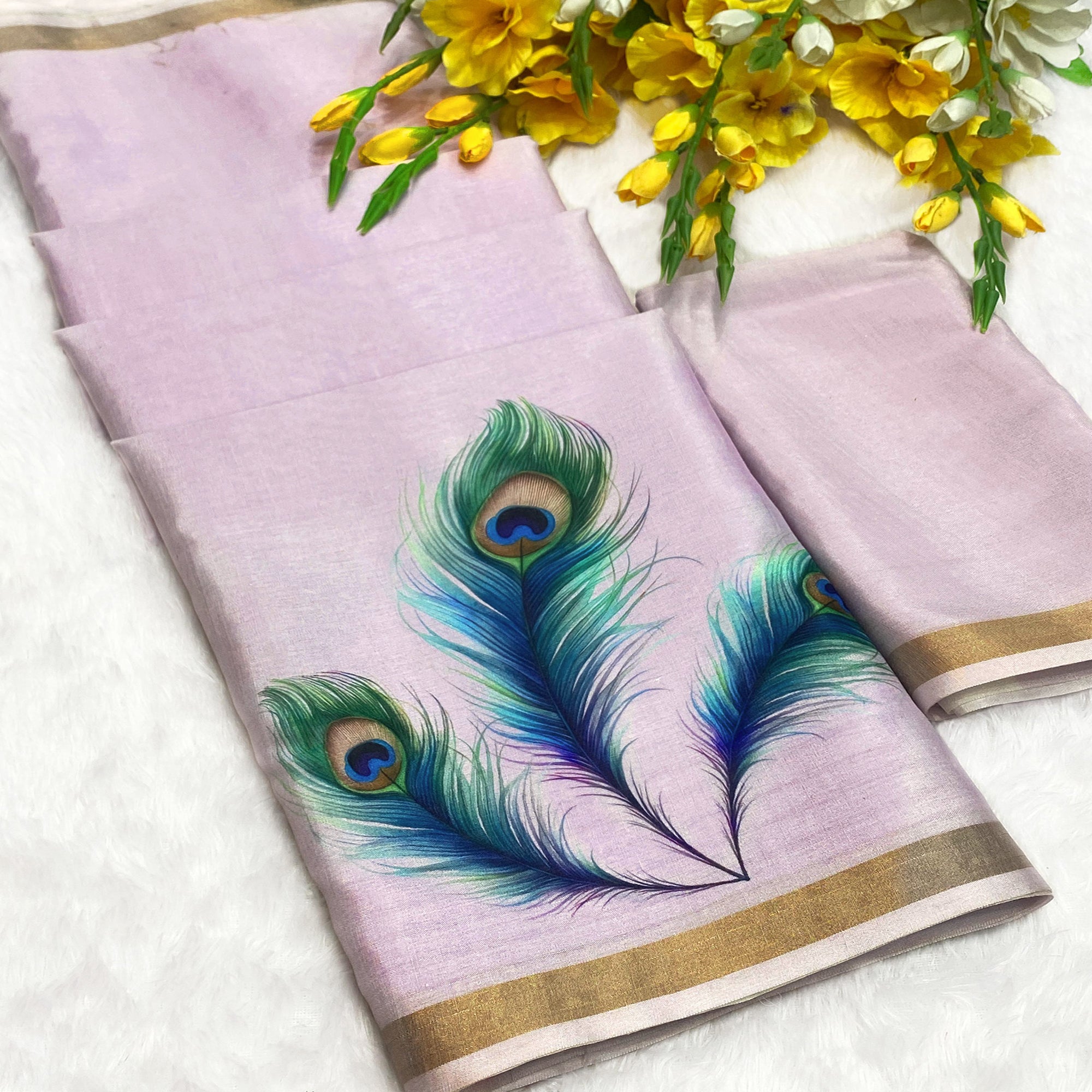 Charming Lavender Soft Tussar Cotton Silk Saree With Peacock Feathers Print