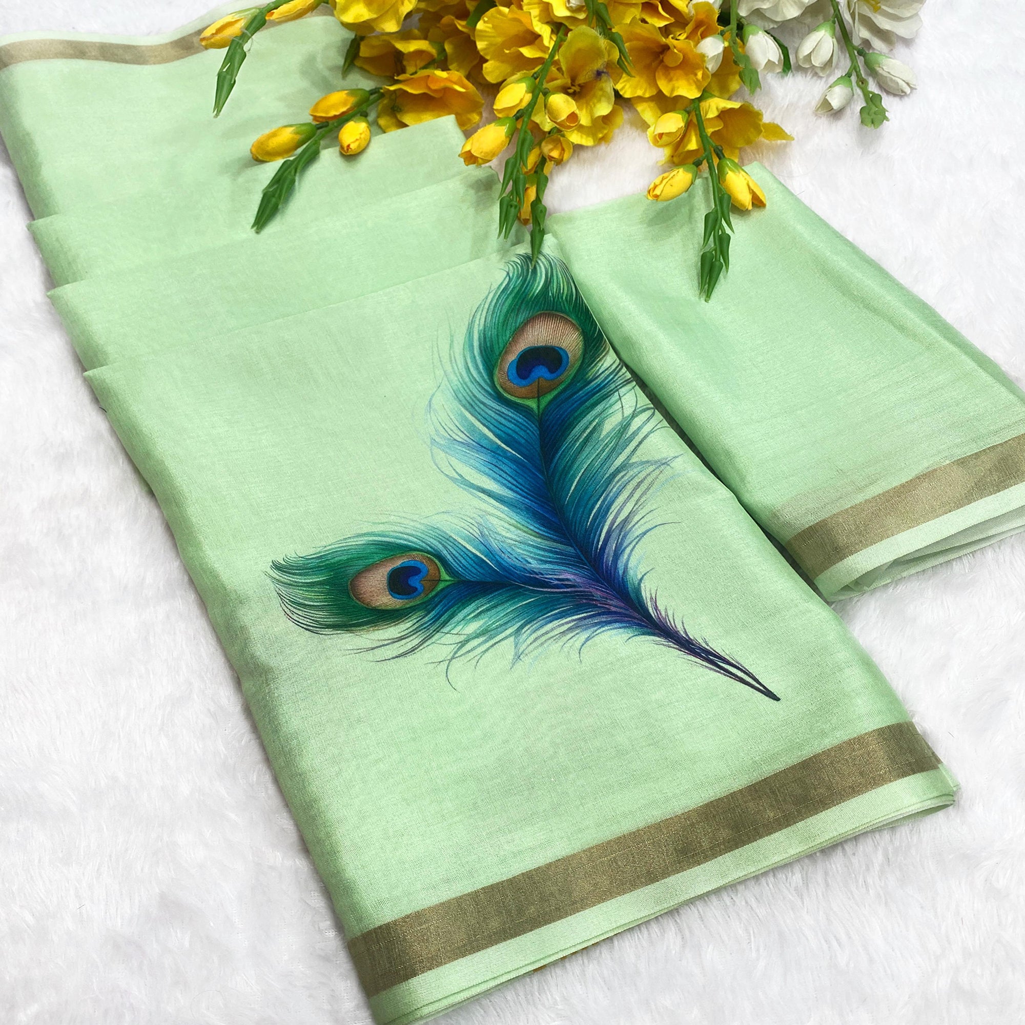 Charming Mint Green Soft Tussar Cotton Silk Saree With Peacock Feathers Print