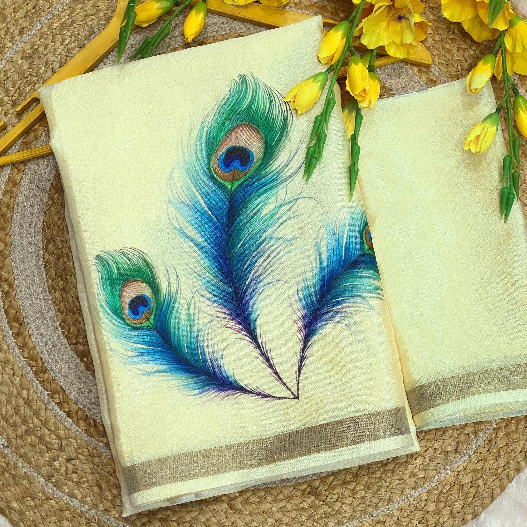 Charming Pista Green Soft Tussar Cotton Silk Saree With Peacock Feathers Print