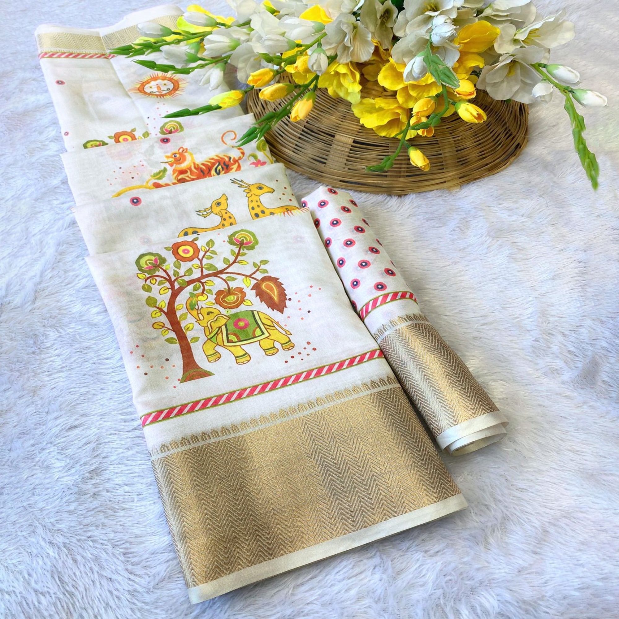 Cream Traditional Printed Dola Silk Saree Accented with Rich Zari Weaving