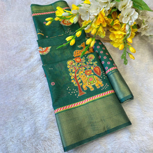Green Traditional Printed Dola Silk Saree Accented with Rich Zari Weaving