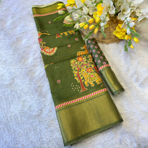 Mehendi Green Traditional Printed Dola Silk Saree Accented with Rich Zari Weaving