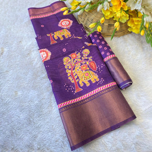 Purple Traditional Printed Dola Silk Saree Accented with Rich Zari Weaving