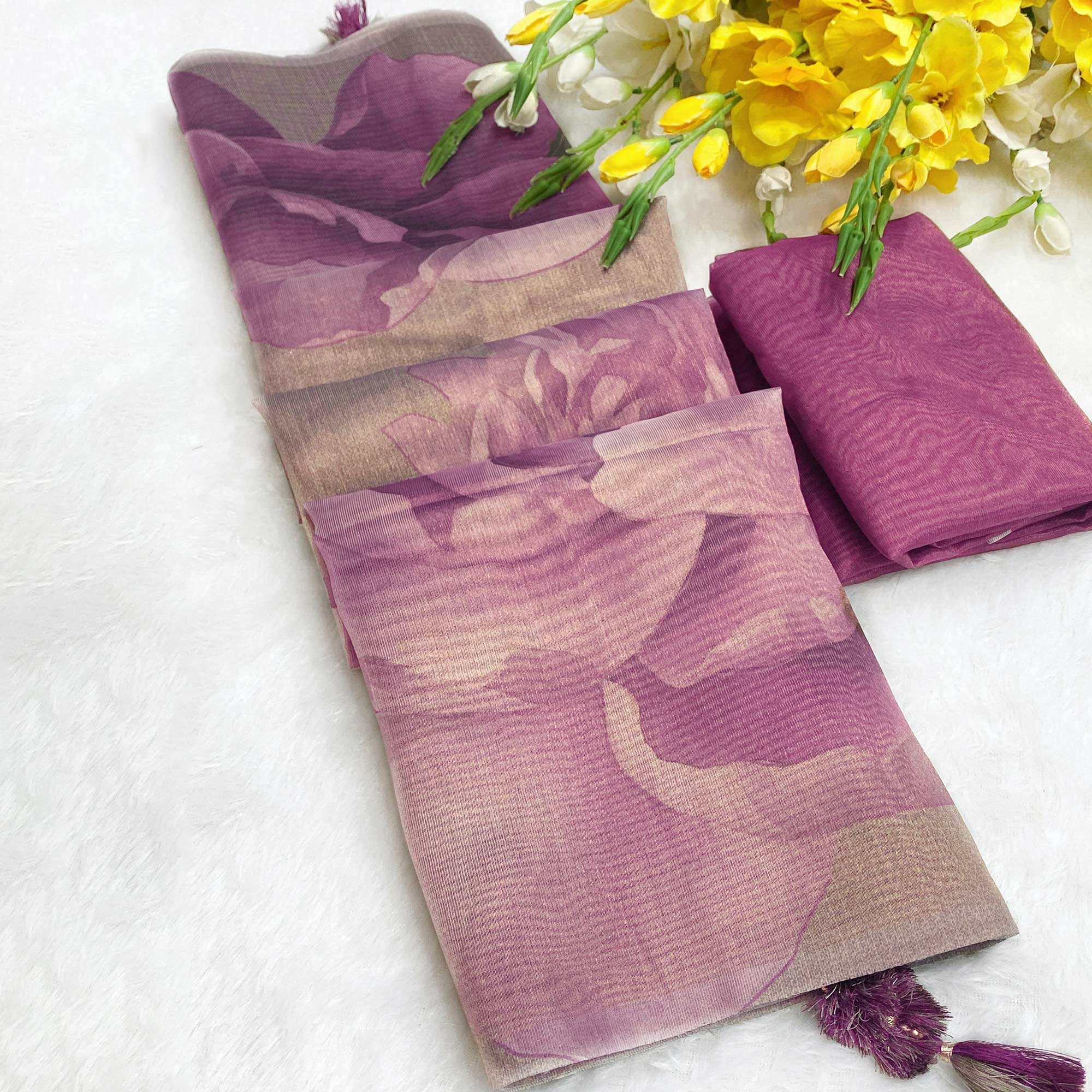 Sophisticated Light Lavender Floral Digital Print Tissue Saree Enhanced With Handmade Tassels
