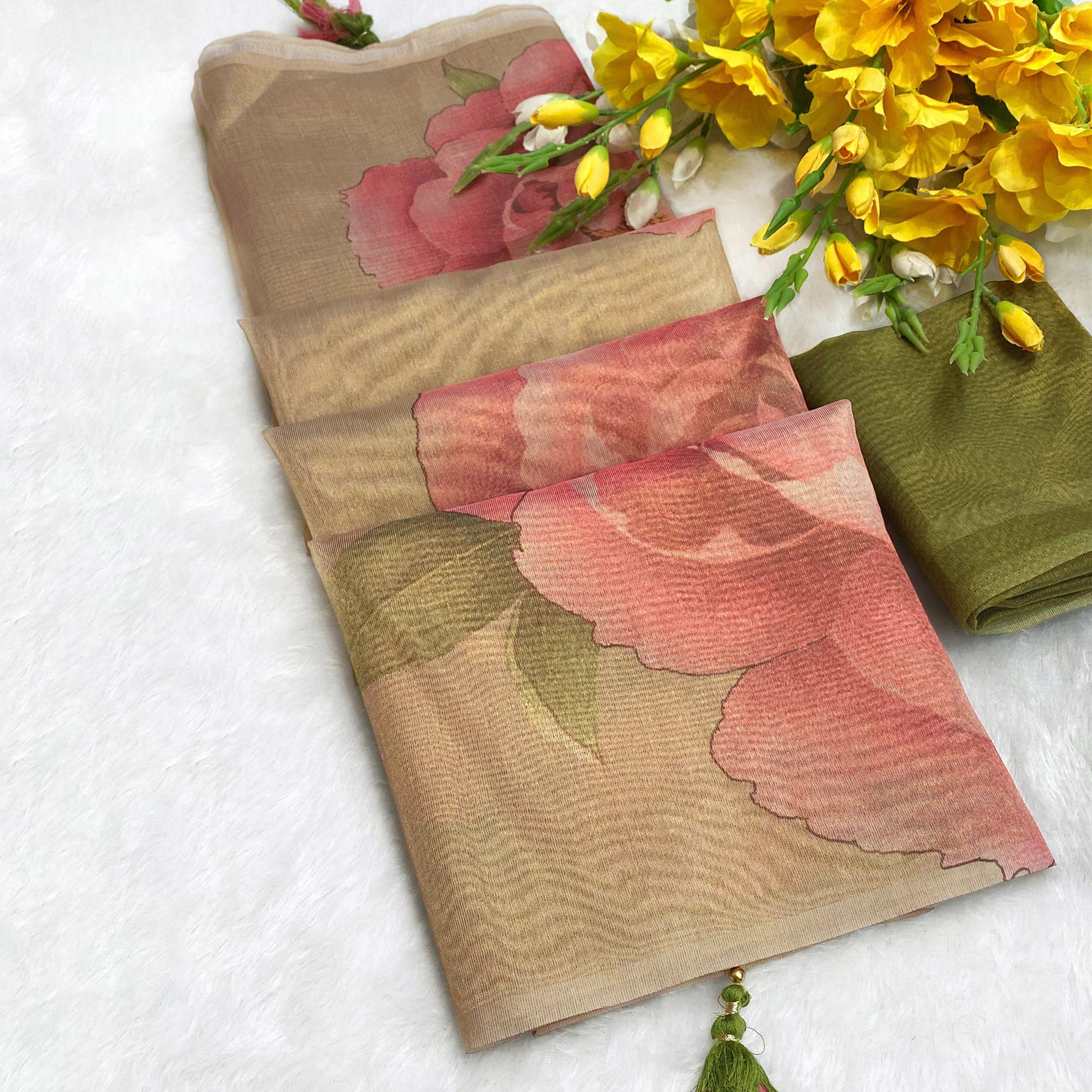 Sophisticated Golden Floral Digital Print Tissue Saree Enhanced With Handmade Tassels