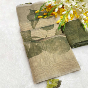 Sophisticated Light Pista Green Floral Digital Print Tissue Saree Enhanced With Handmade Tassels
