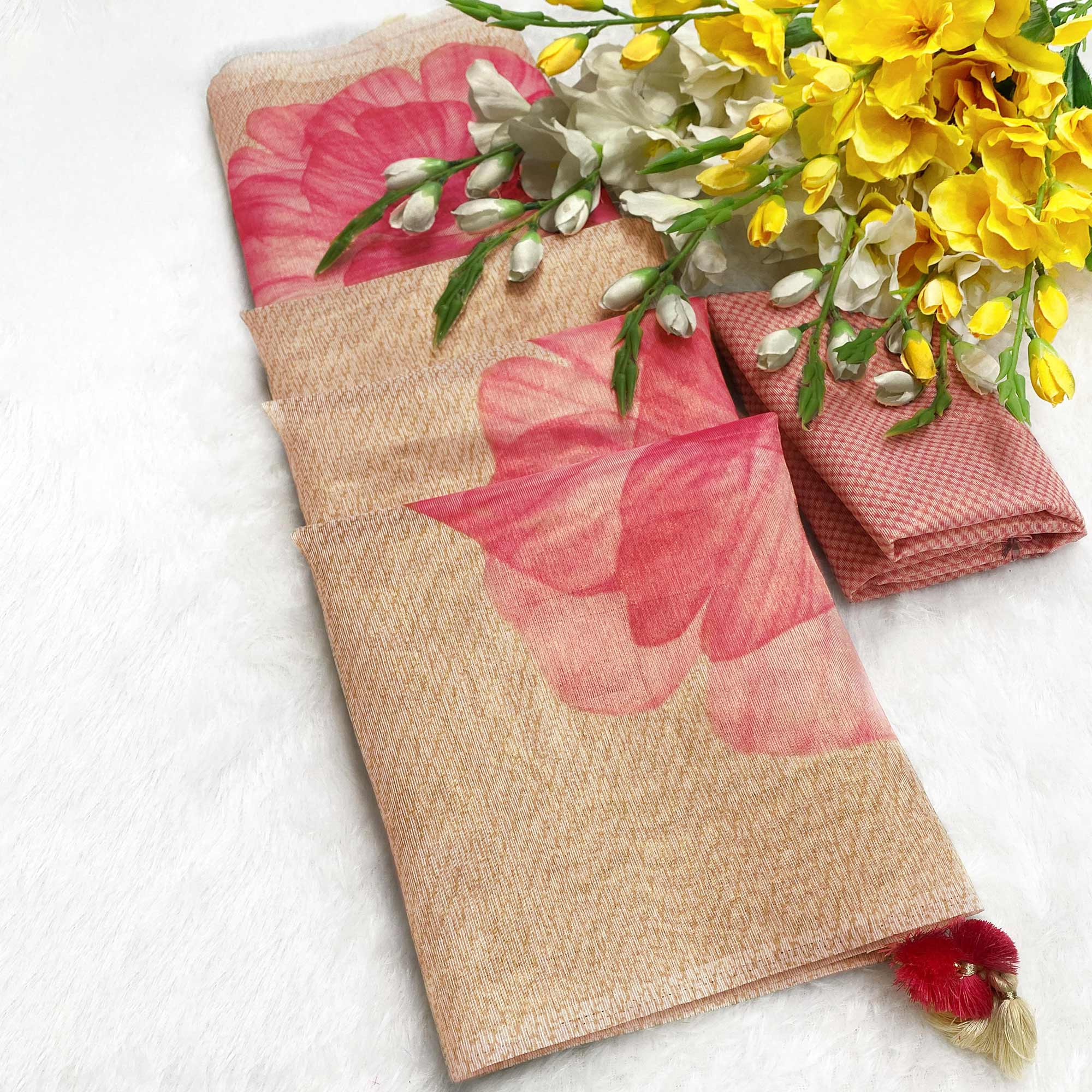 Sophisticated Cream Floral Digital Print Tissue Saree Enhanced With Handmade Tassels