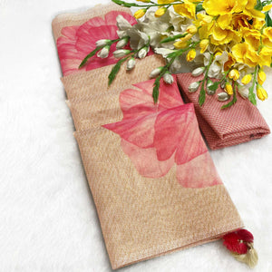Sophisticated Cream Floral Digital Print Tissue Saree Enhanced With Handmade Tassels