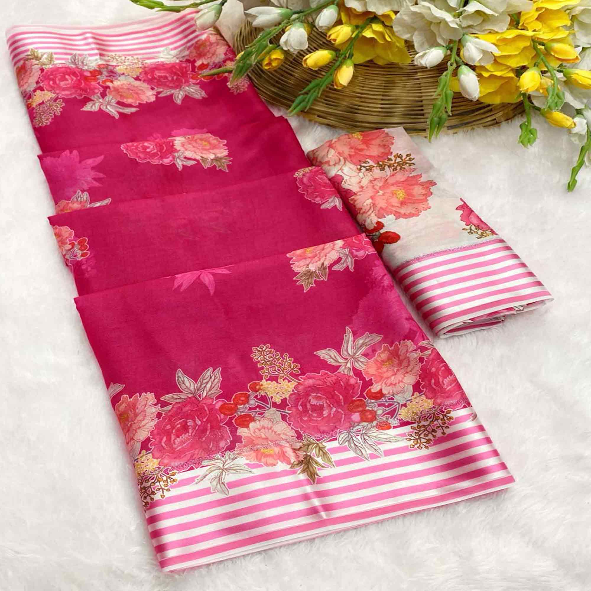 Vibrant Rani Pink Georgette Saree Adorned with Floral Digital Print & Satin Border