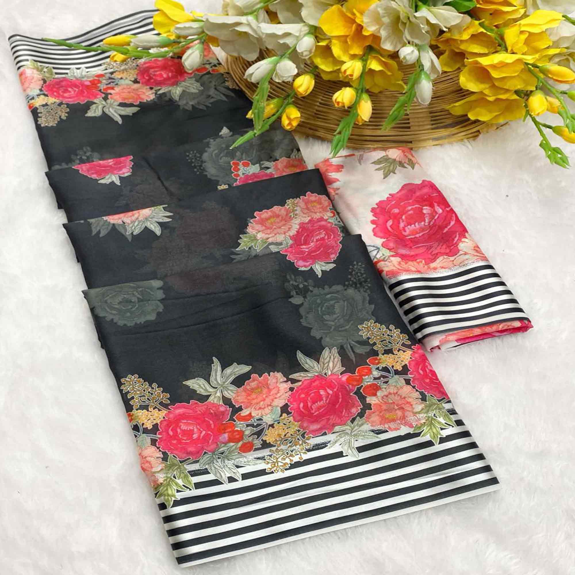 Vibrant Black Georgette Saree Adorned with Floral Digital Print & Satin Border
