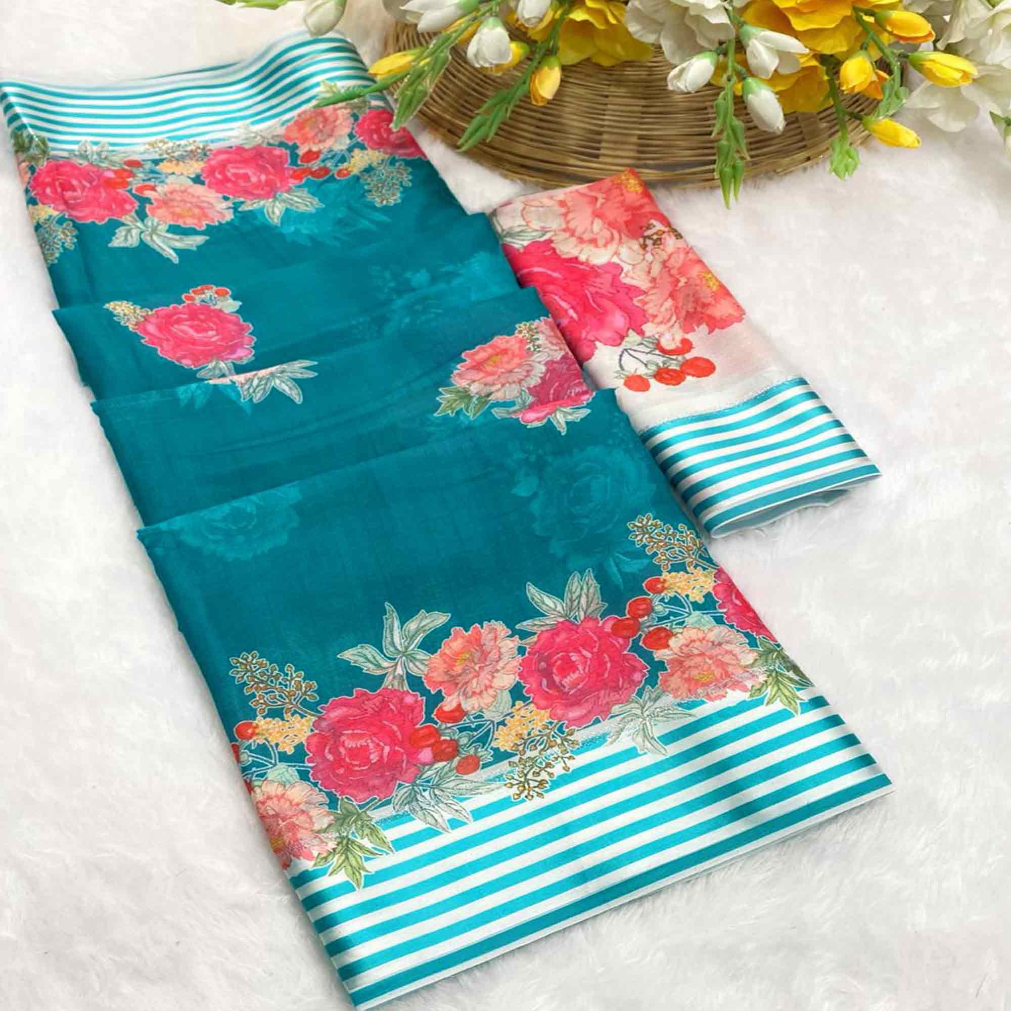 Vibrant Teal Georgette Saree Adorned with Floral Digital Print & Satin Border