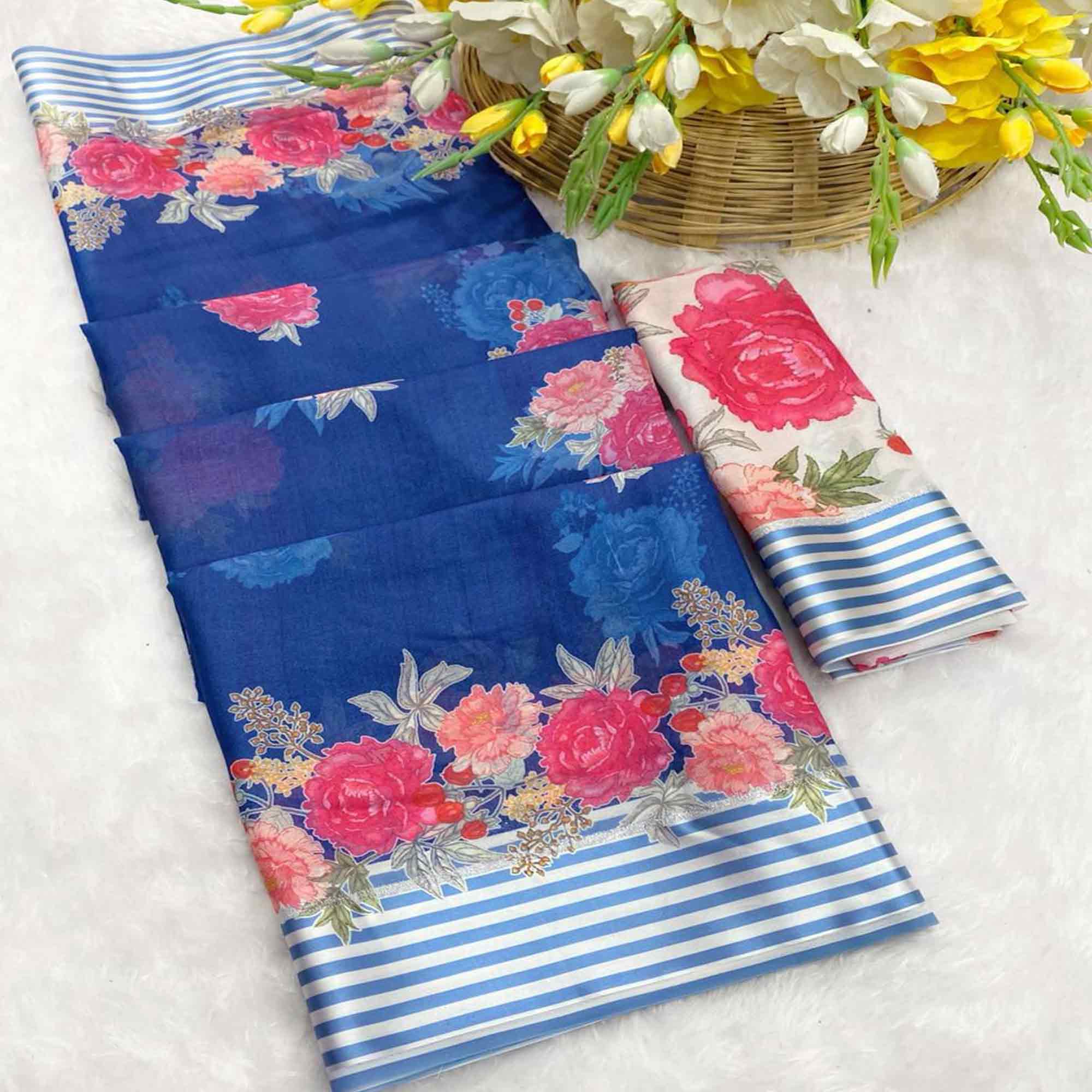 Vibrant Royal Blue Georgette Saree Adorned with Floral Digital Print & Satin Border