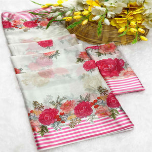 Vibrant White Georgette Saree Adorned with Floral Digital Print & Satin Border