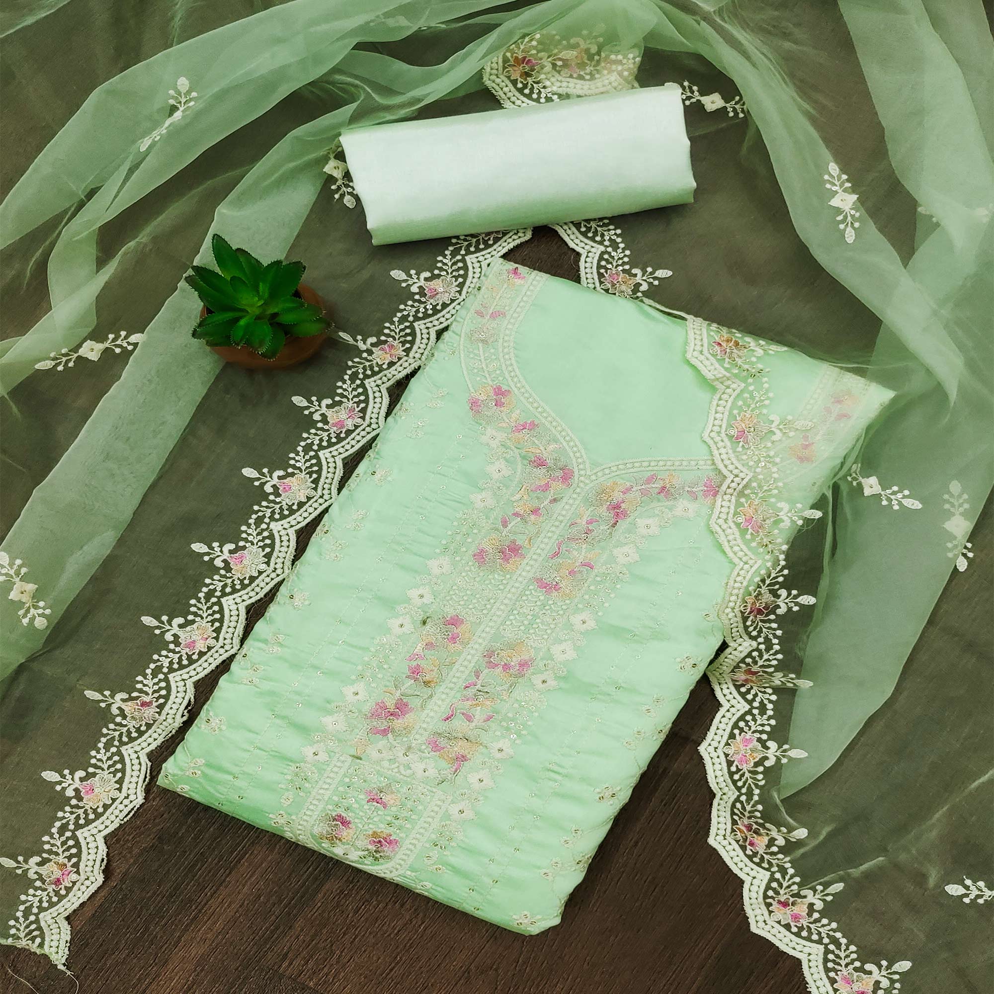 Green Embroidered Pure Cotton Dress Material