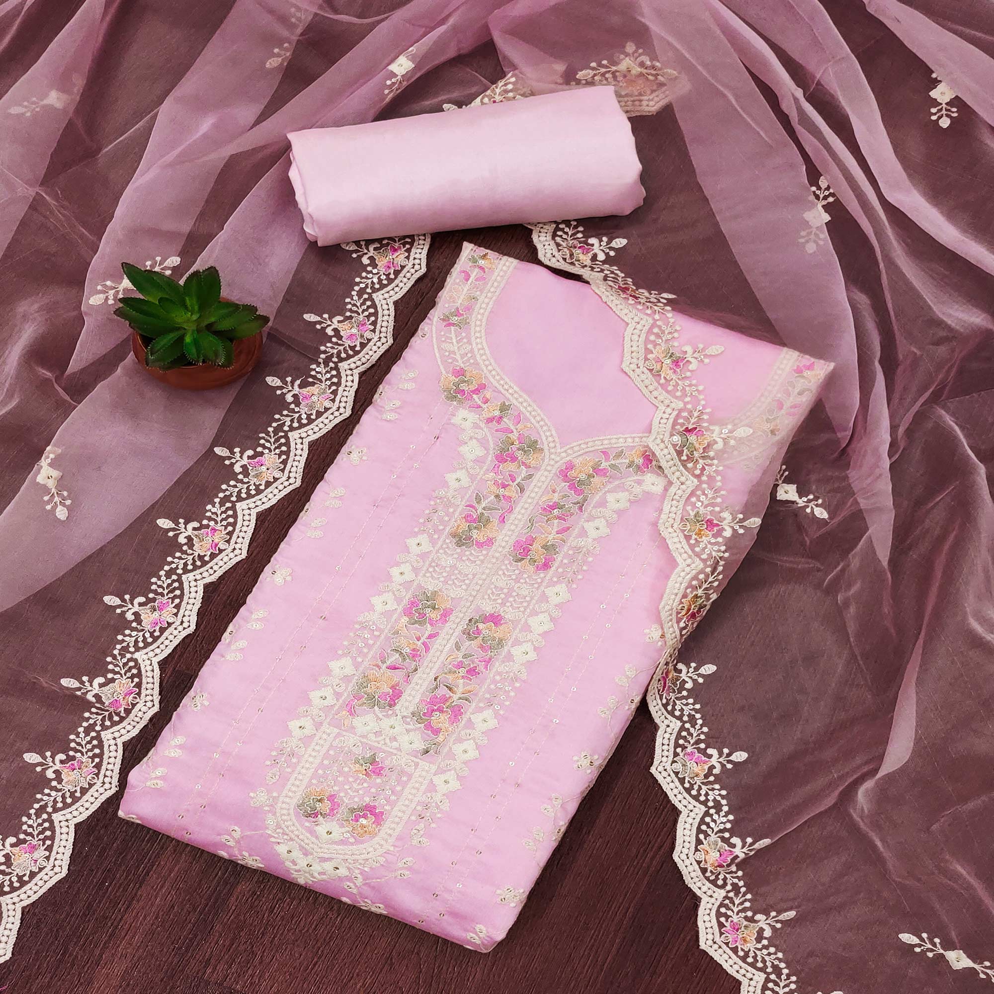 Pink Embroidered Pure Cotton Dress Material