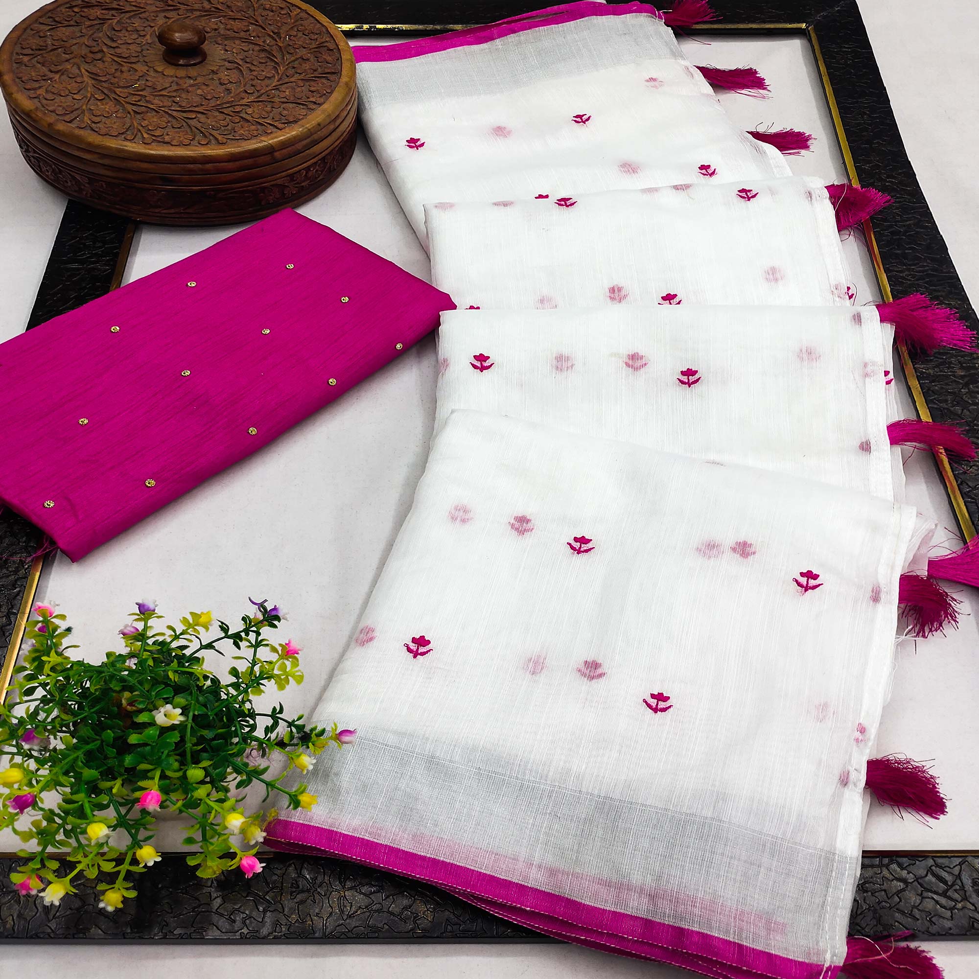 White & Pink Floral Embroidered Linen Saree