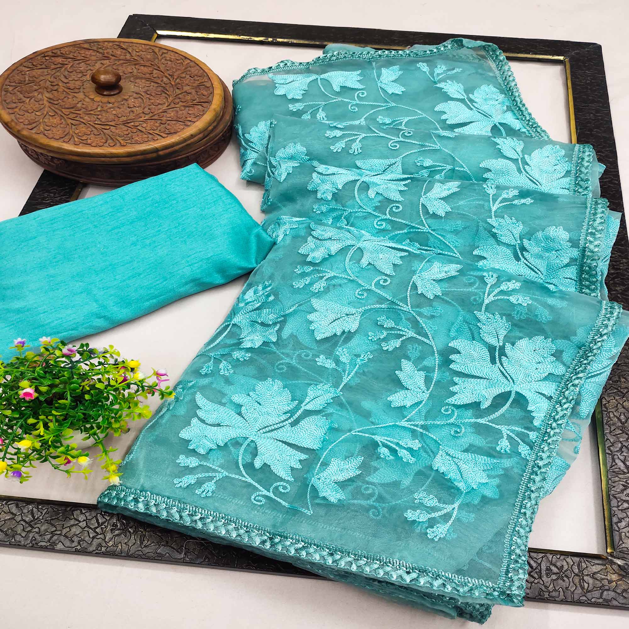 Turquoise Floral Embroidered Organza Saree