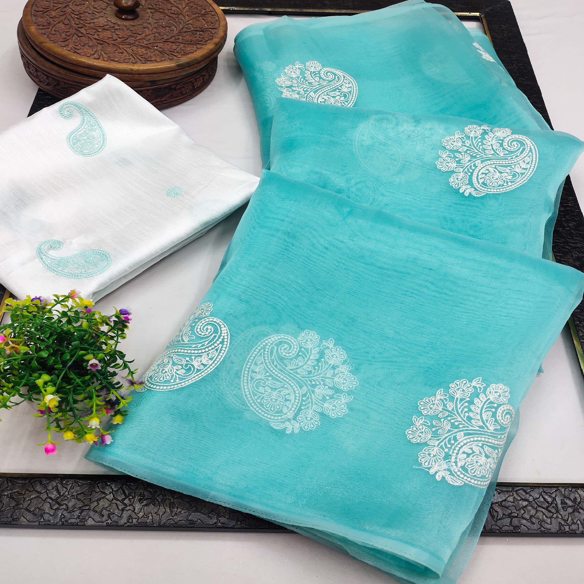 Blue Embroidered Organza Saree