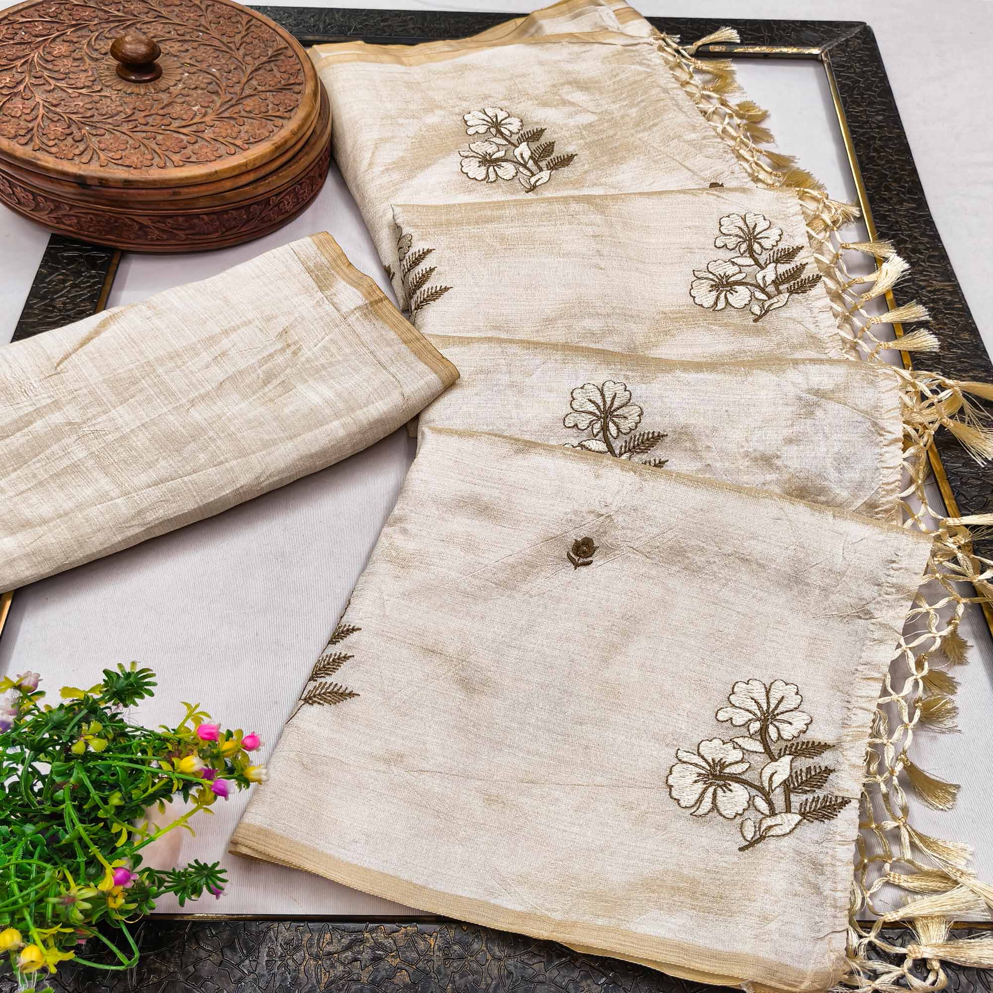 Festive Cream Saree with Exquisite Floral Embroidery Crafted in Art Silk