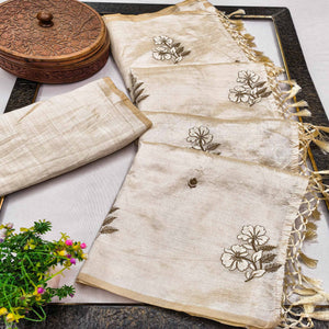 Festive Cream Saree with Exquisite Floral Embroidery Crafted in Art Silk