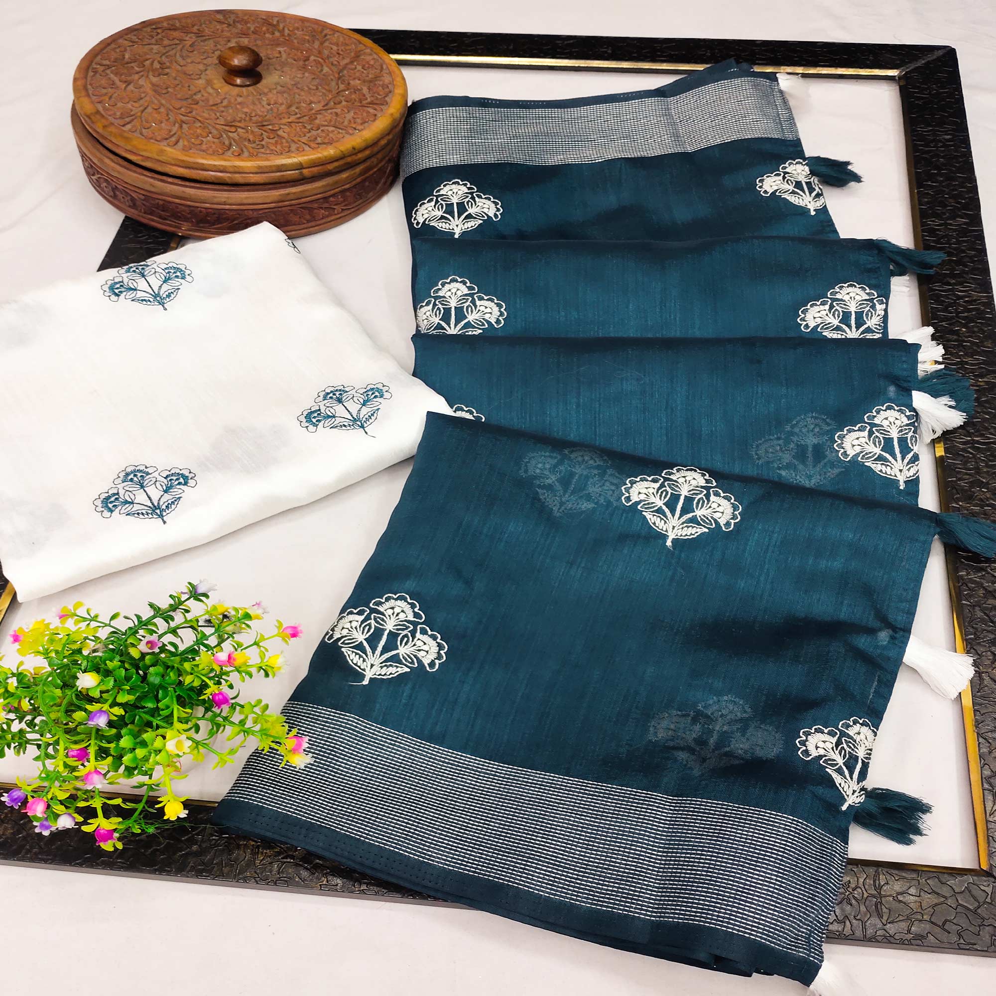 Morpich Floral Embroidered Raw Silk Saree