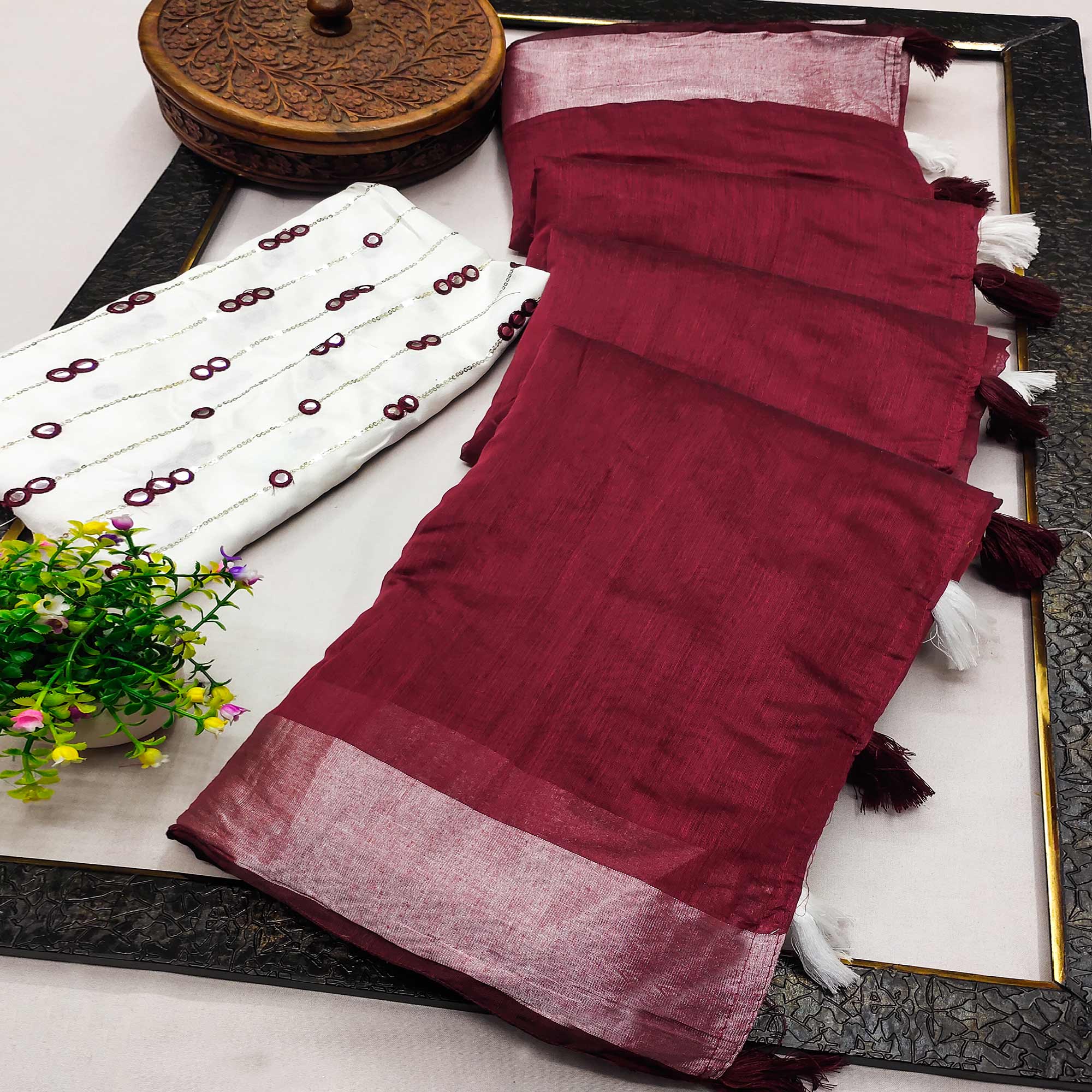 Maroon Solid Chanderi Saree With Tassels