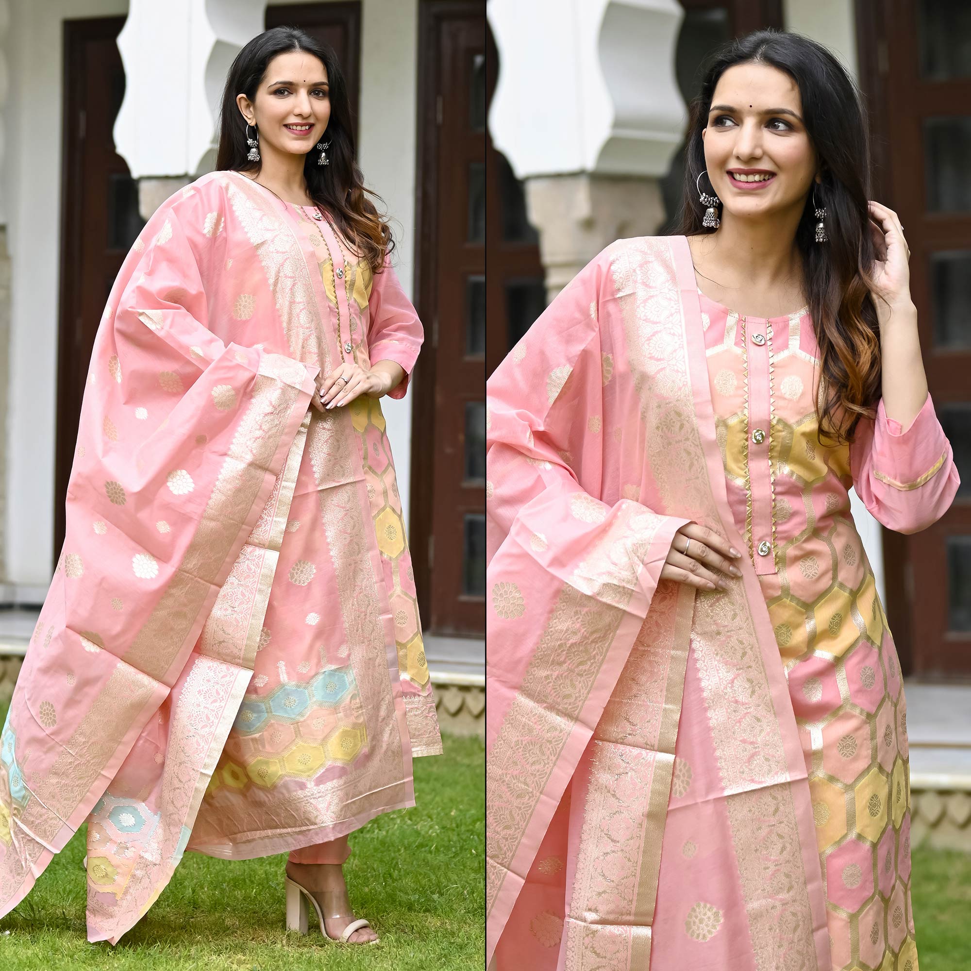 Pink Woven Banarasi Silk Salwar Suit