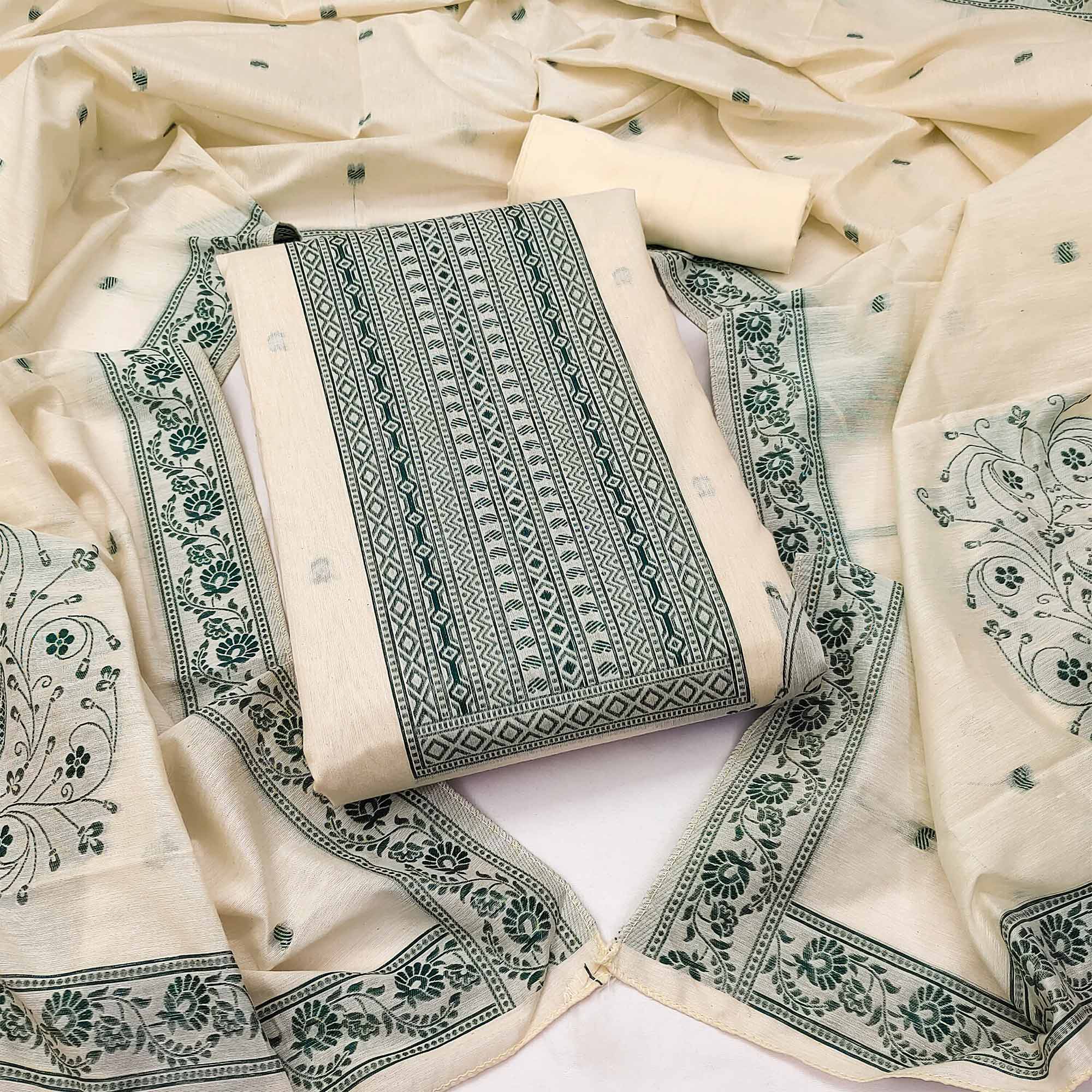 Cream & Green Floral Woven Pure Cotton Dress Material