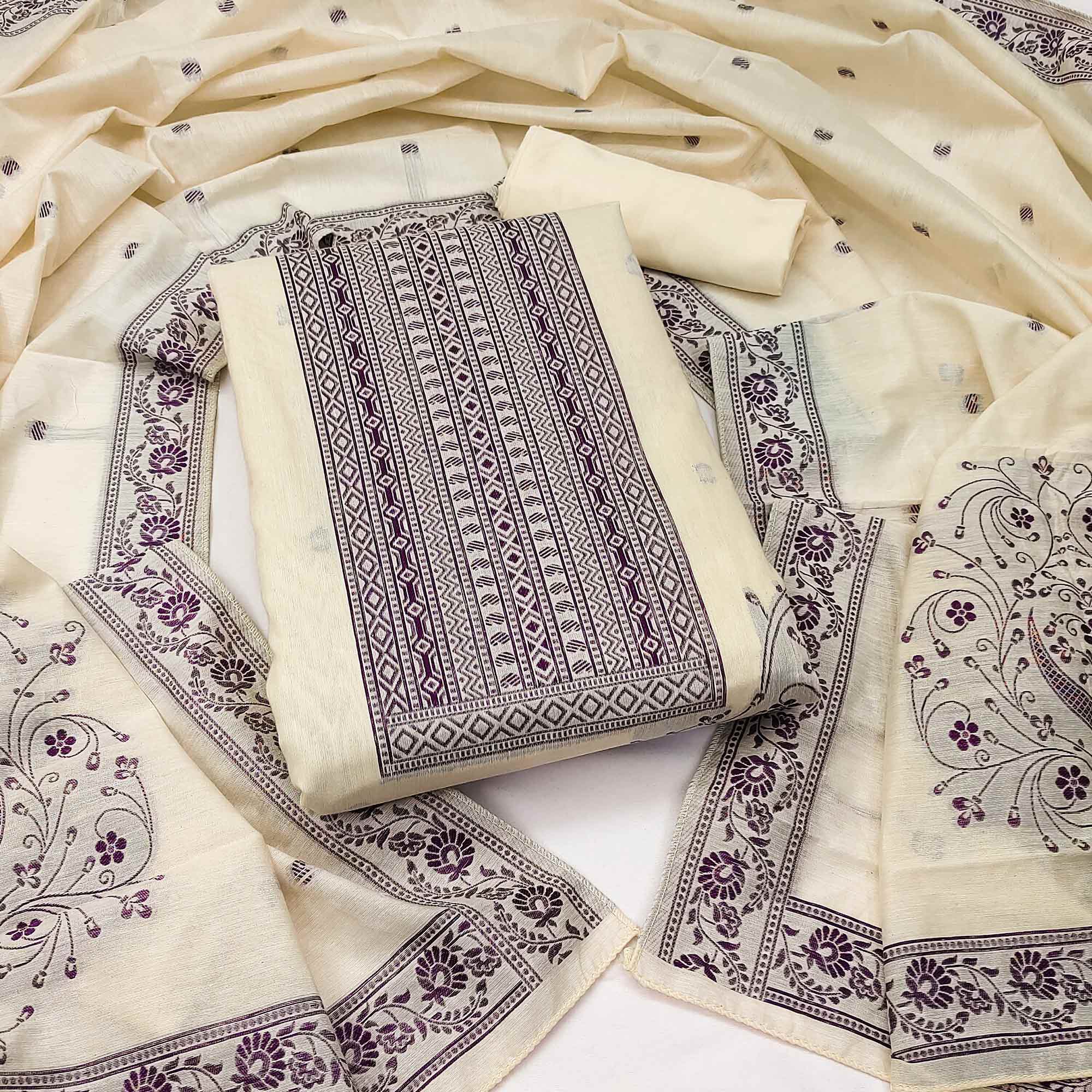 Cream & Wine Floral Woven Pure Cotton Dress Material