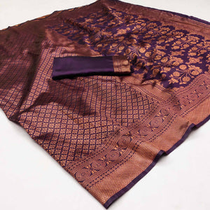 Purple Floral Woven Banarasi Silk Saree