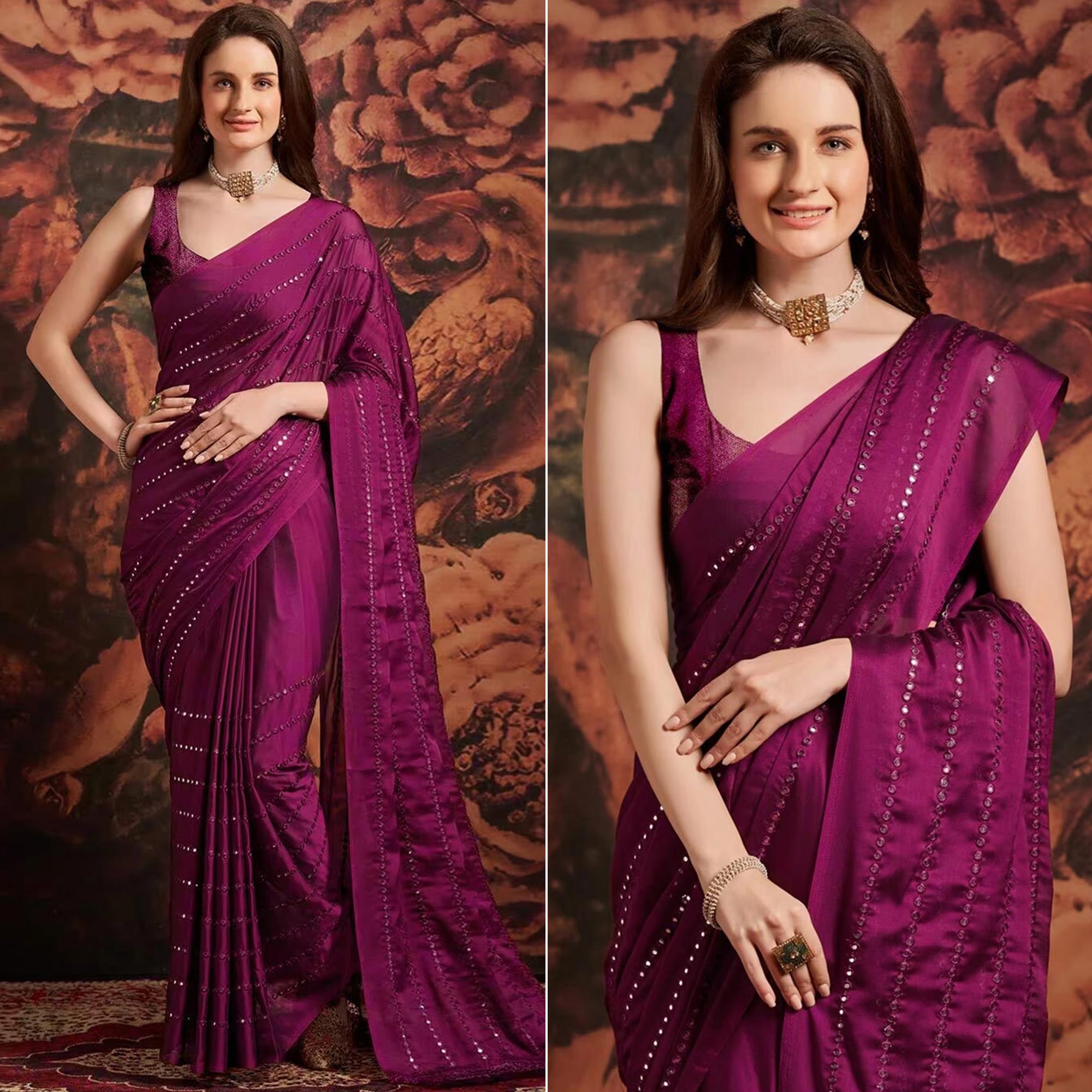 Wine Embroidered Art Silk Saree