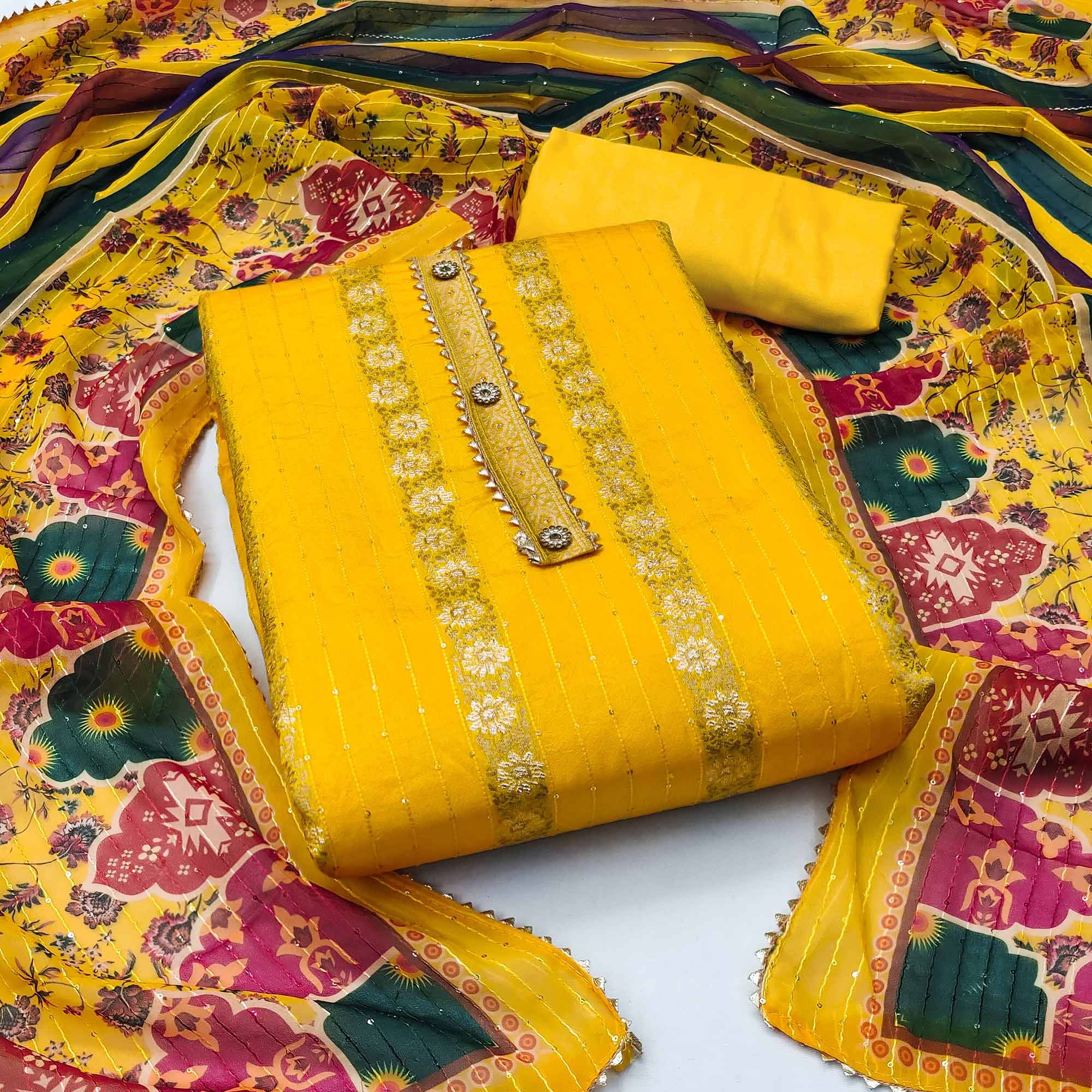 Yellow Woven Banarasi Silk Dress Material