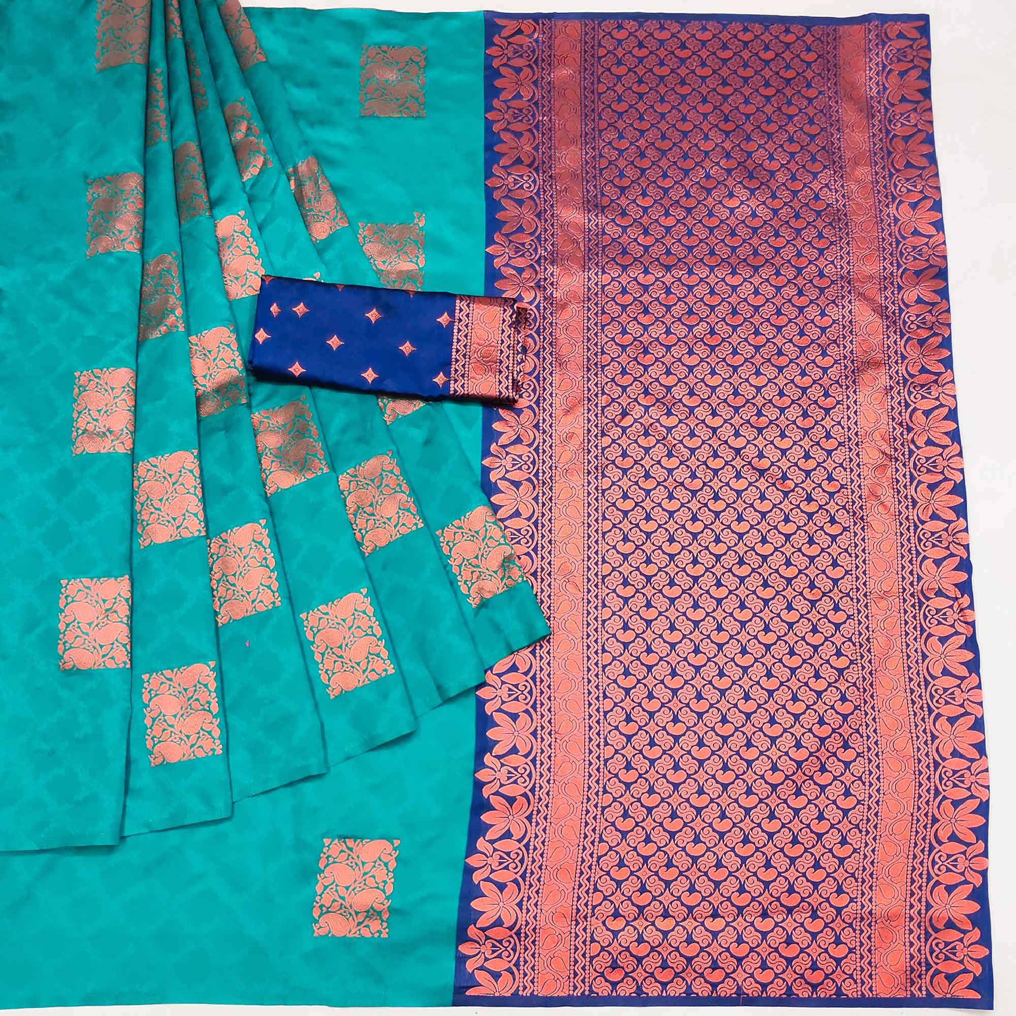 Turquoise Floral Woven Banarasi Silk Saree