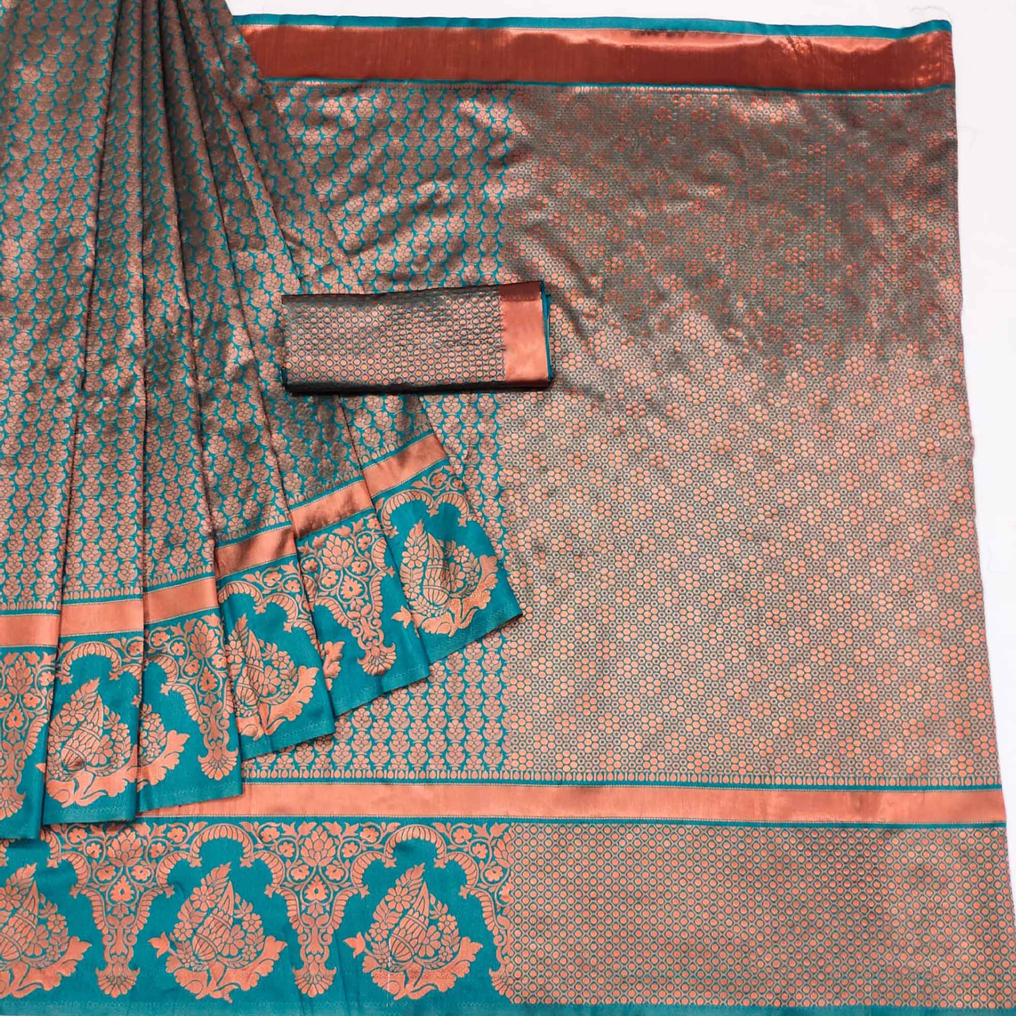 Rama Blue Floral Woven Banarasi Silk Saree