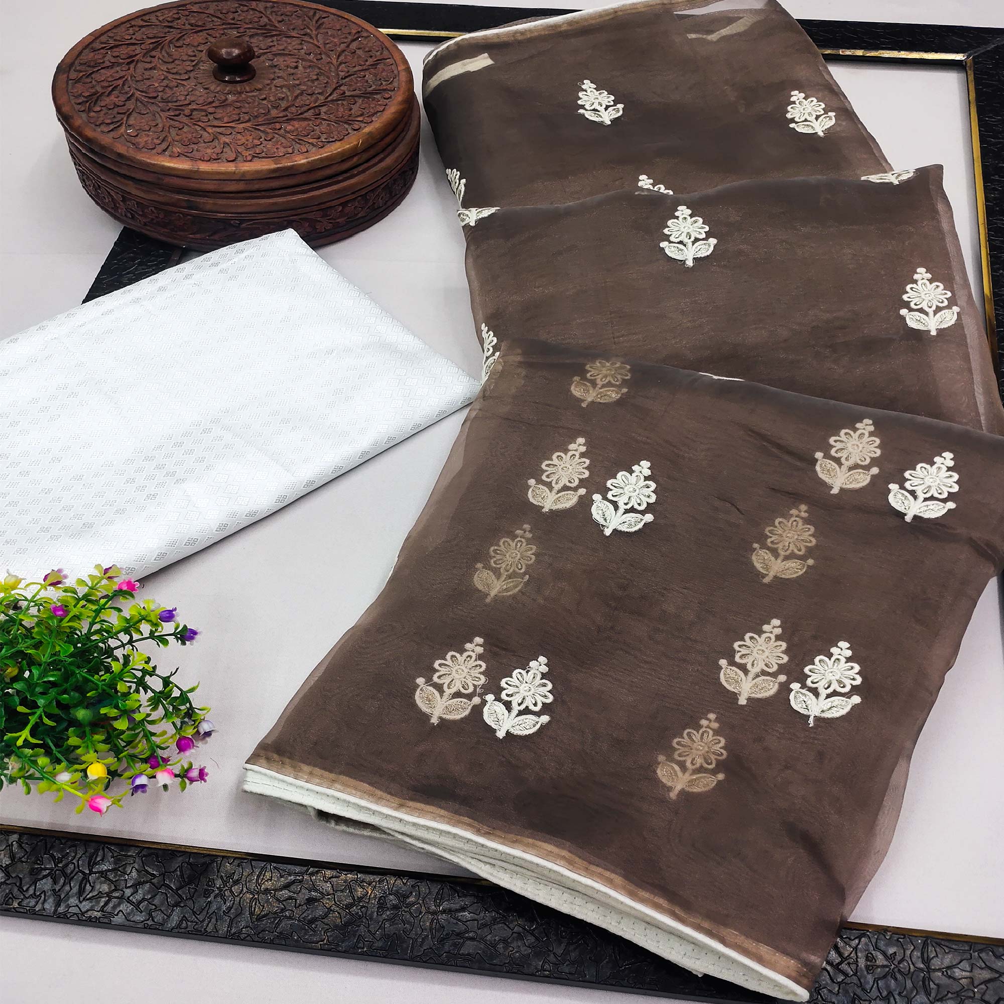 Brown Floral Embroidered Organza Saree