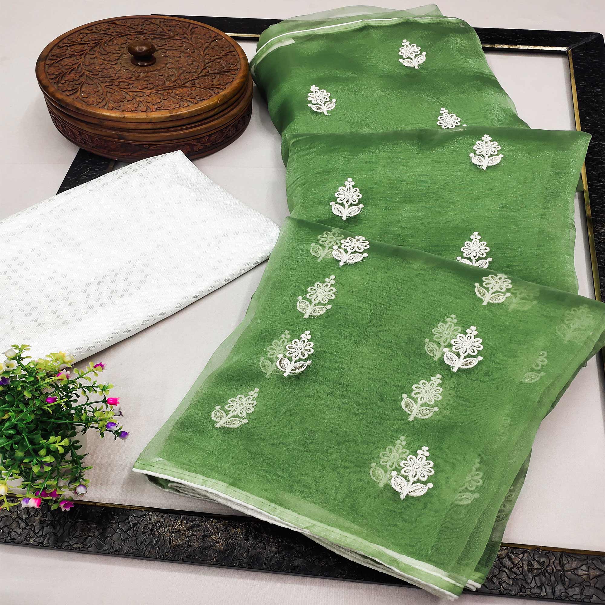 Green Floral Embroidered Organza Saree