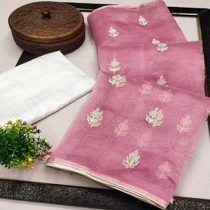 Pink Floral Embroidered Organza Saree