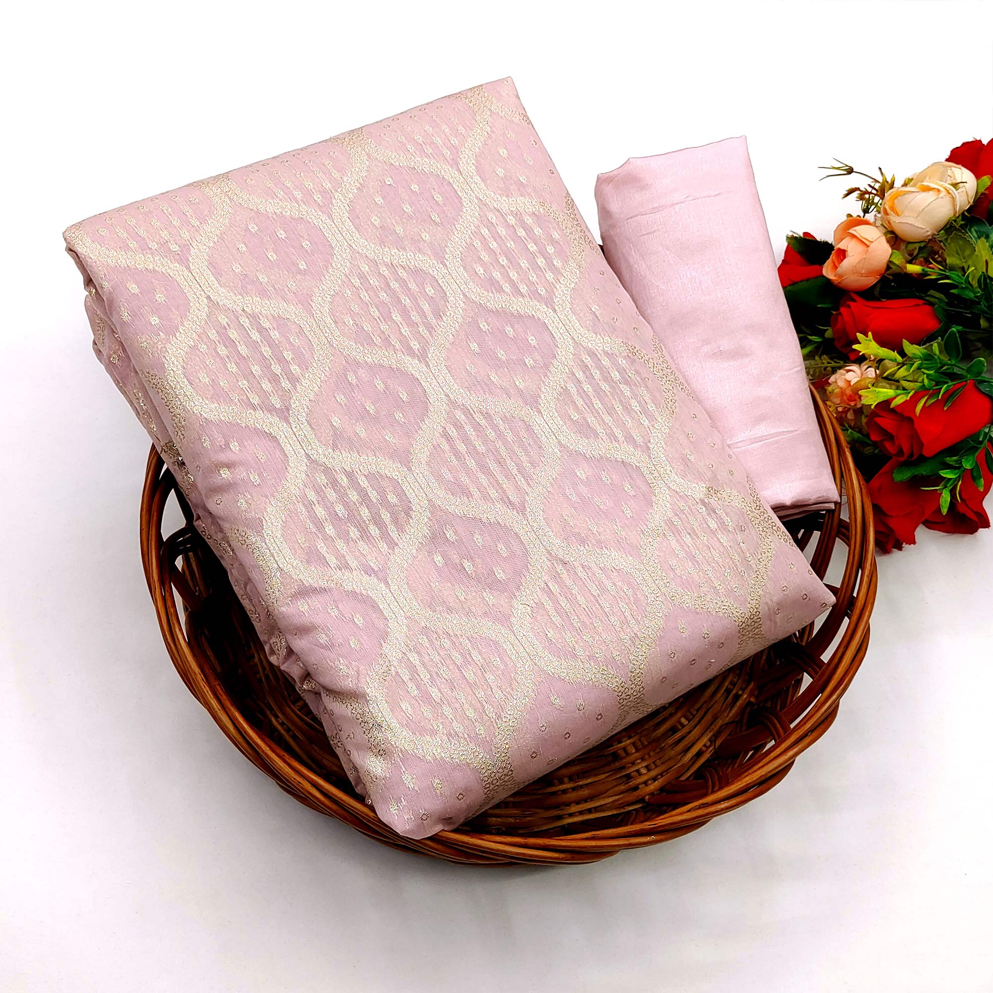 Pink Woven Banarasi Silk Dress Material