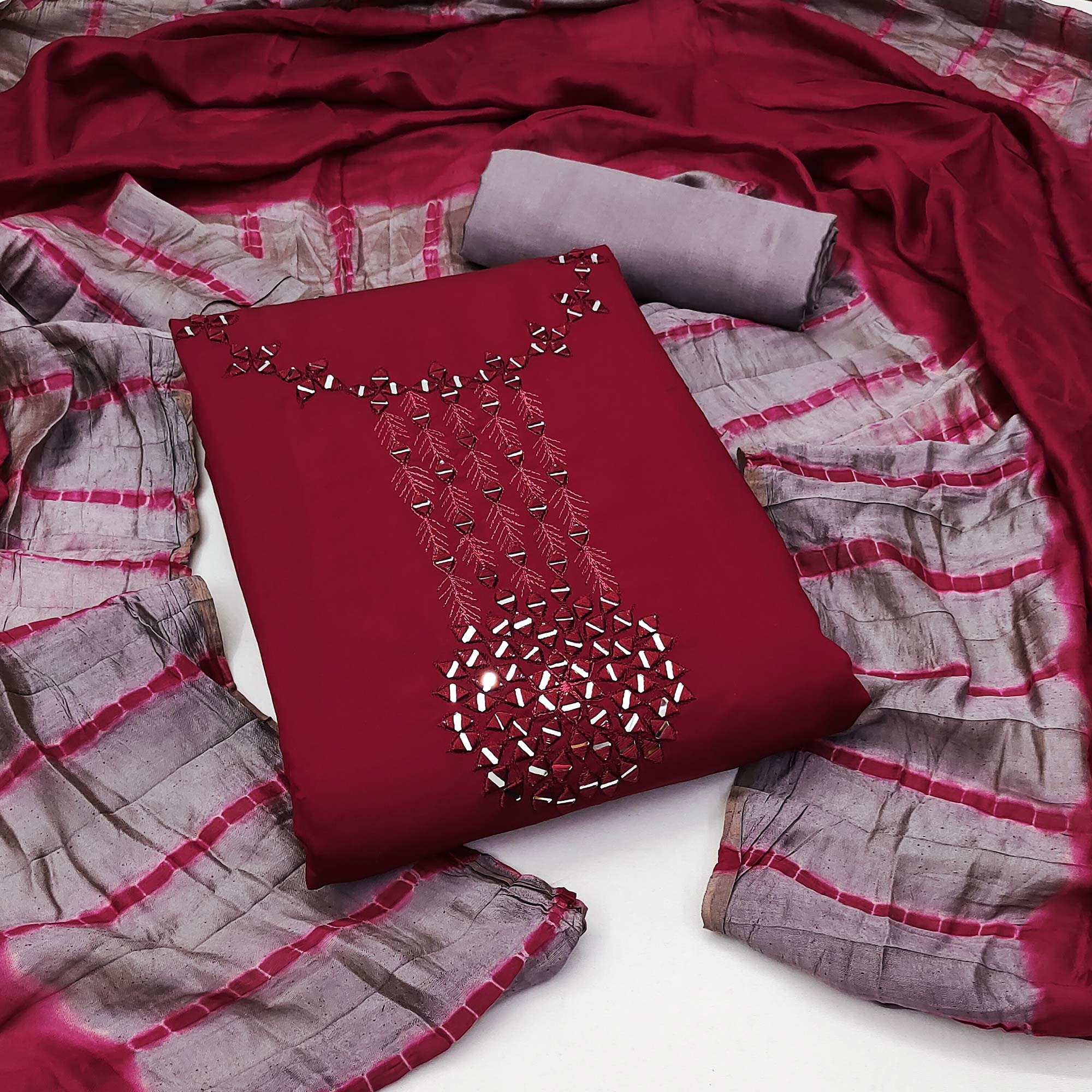 Maroon Embroidered Viscose Dress Material