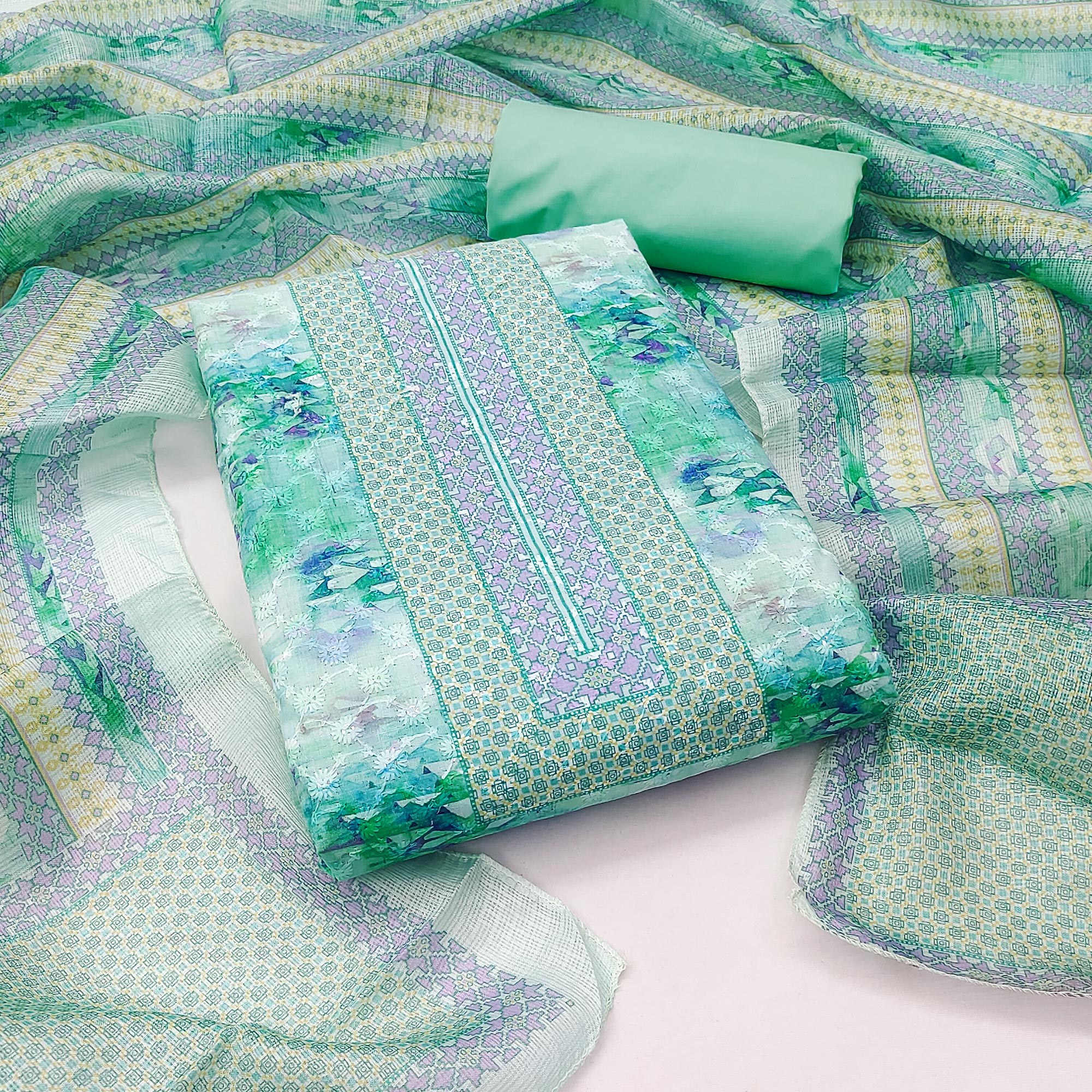 Blue Embroidered With Printed Cotton Blend Dress Material